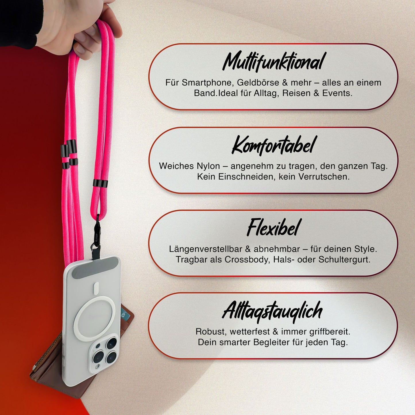 NALIA HoldMe Universal Handykette - Verstellbar Nylon Seil, Karabiner