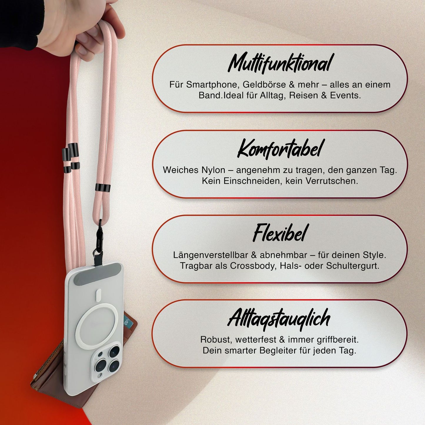 NALIA HoldMe Universal Handykette - Verstellbar Nylon Seil, Karabiner