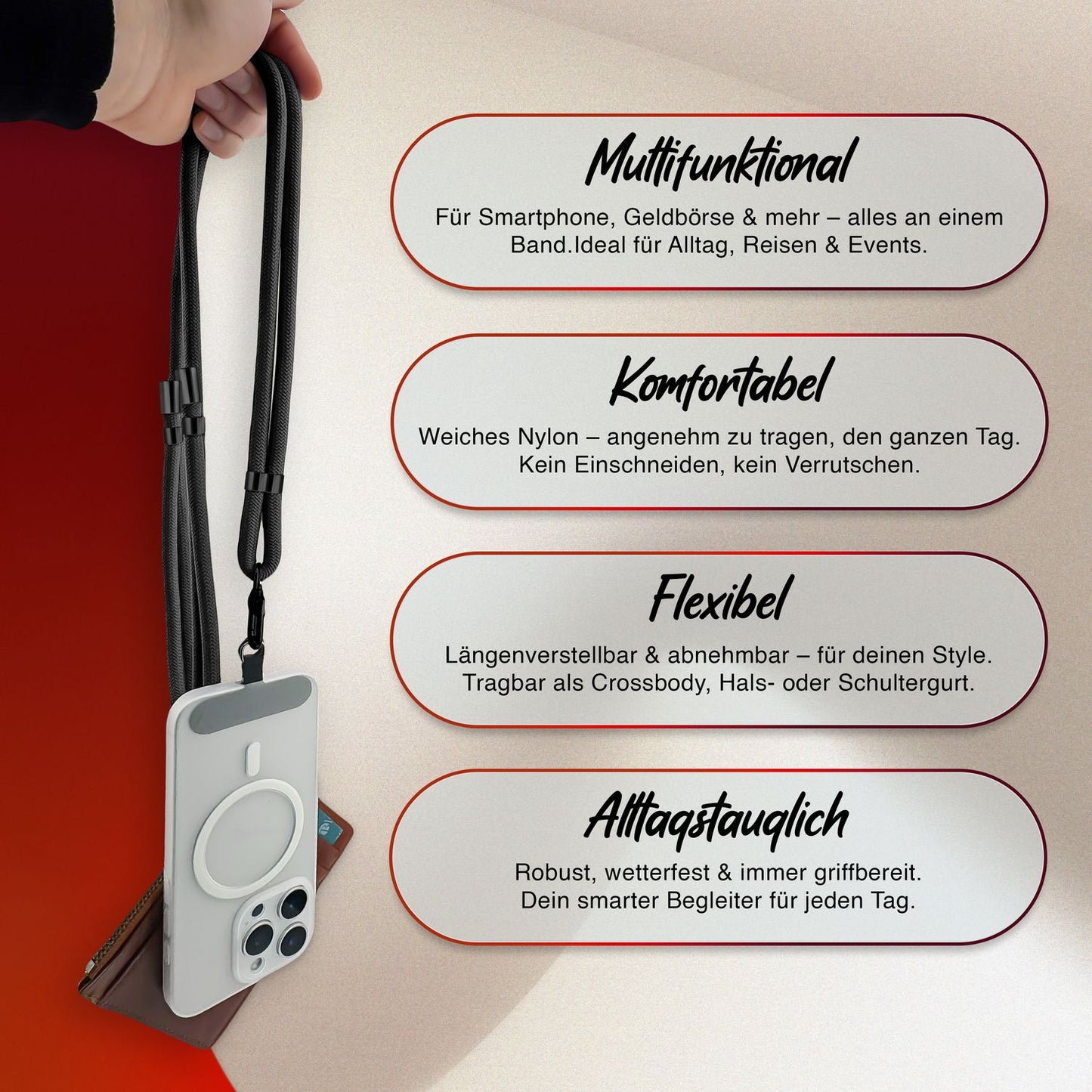 NALIA HoldMe Universal Handykette - Verstellbar Nylon Seil, Karabiner