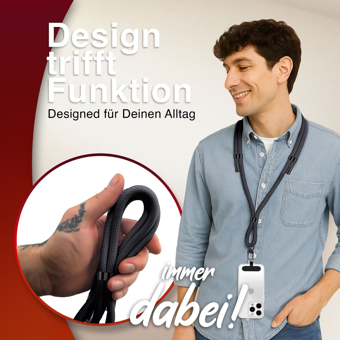 NALIA HoldMe Universal Handykette - Verstellbar Nylon Seil, Karabiner