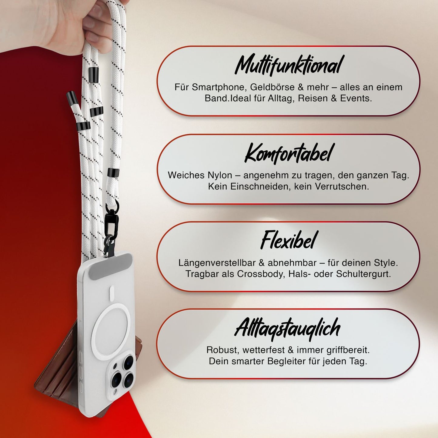 NALIA HoldMe Universal Handykette - Verstellbar Nylon Seil, Karabiner