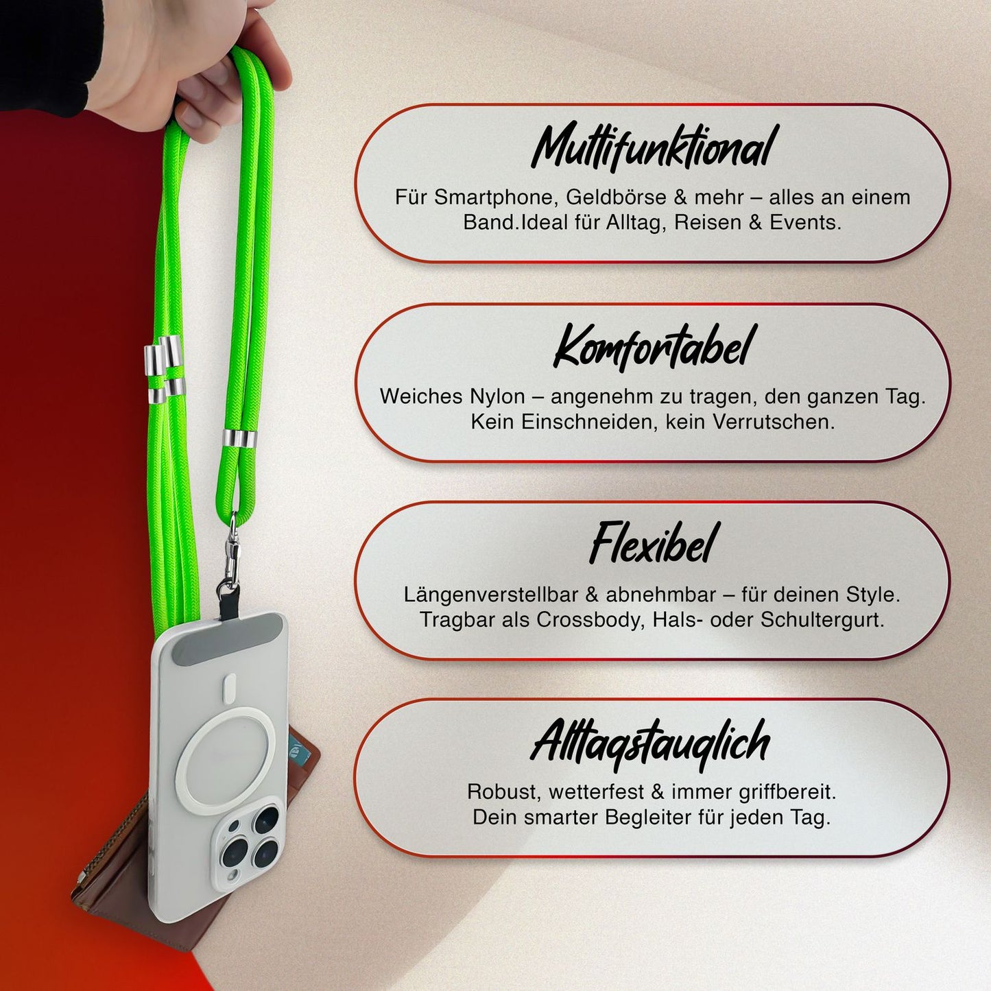 NALIA HoldMe Universell Handykette - Verstellbares Nylonseil Bis 80 cm Abnehmbares Band Mit Karabiner