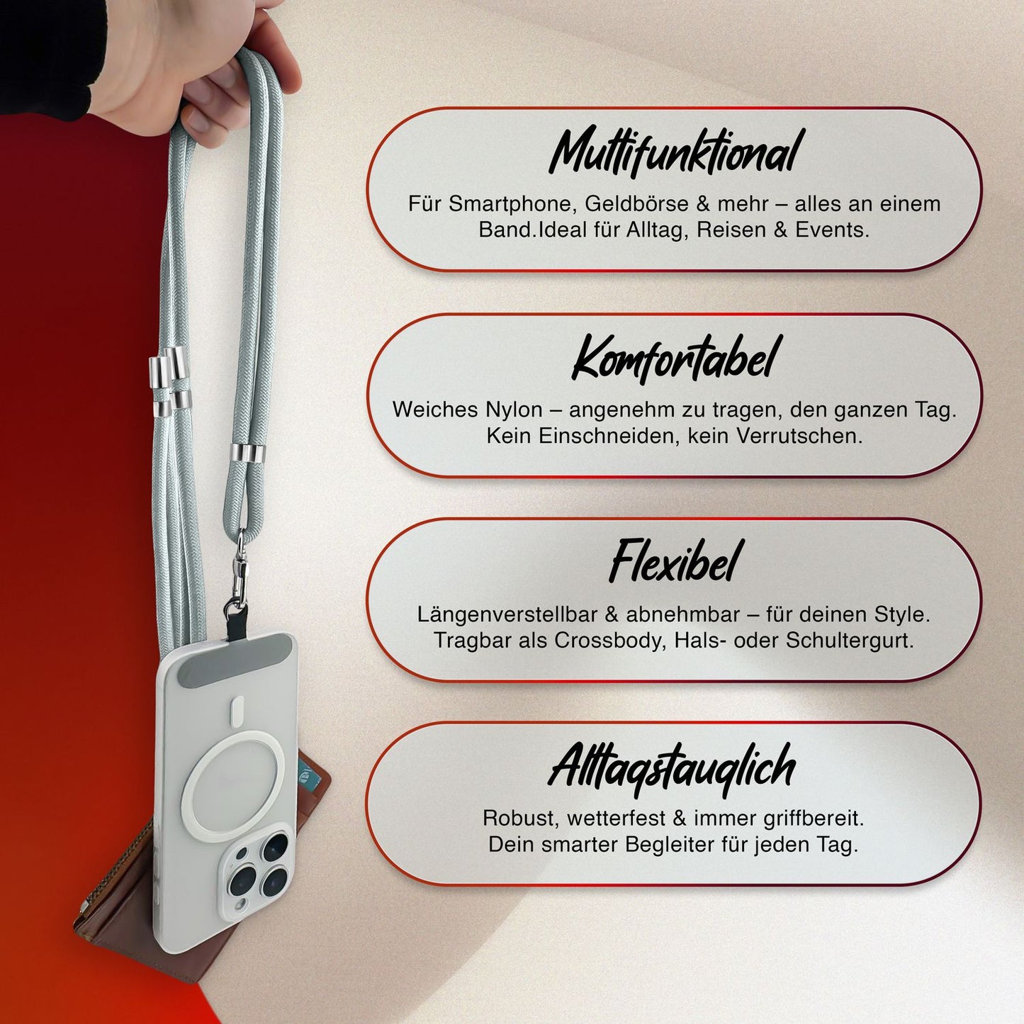 NALIA HoldMe Universell Handykette - Verstellbares Nylonseil Bis 80 cm Abnehmbares Band Mit Karabiner