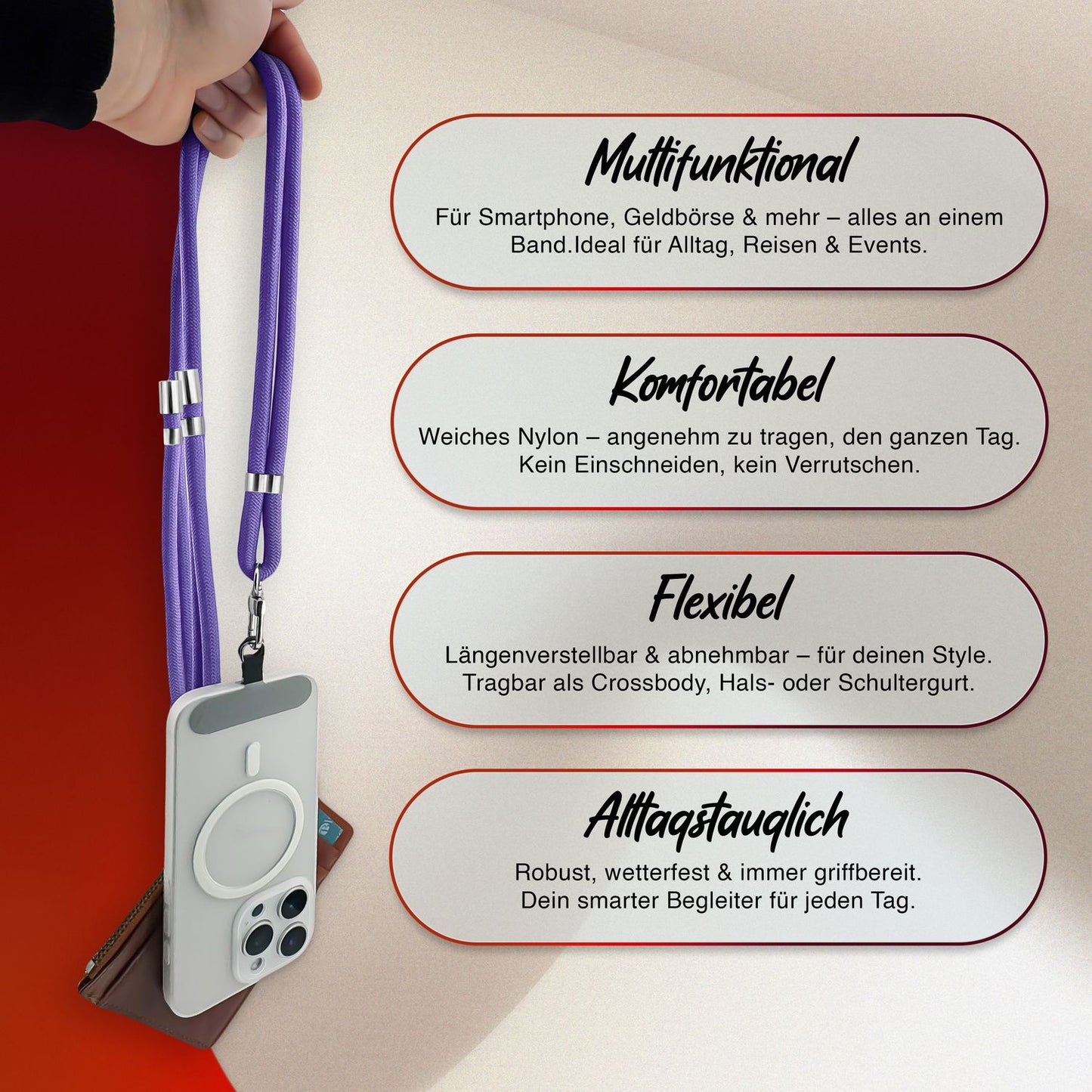 NALIA HoldMe Universell Handykette - Verstellbares Nylonseil Bis 80 cm Abnehmbares Band Mit Karabiner