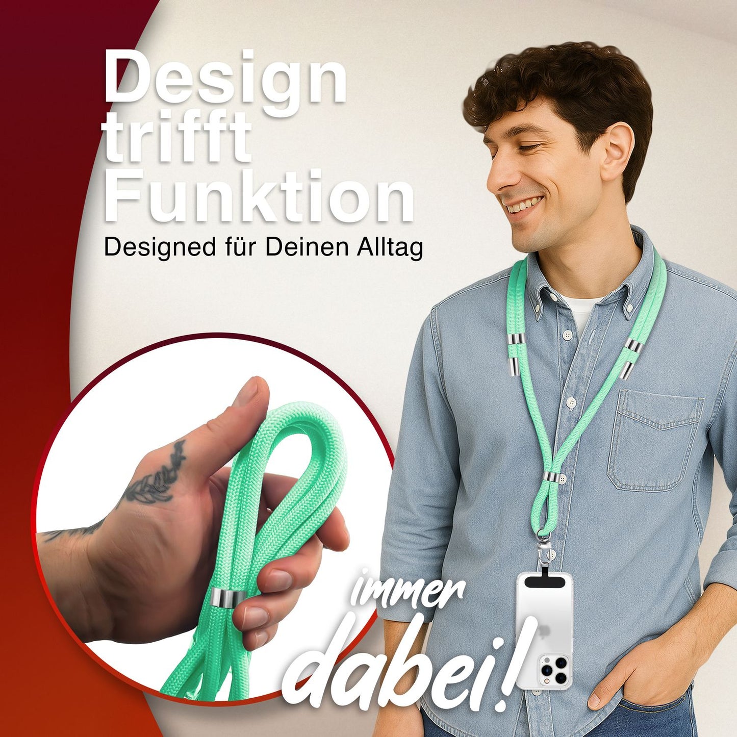 NALIA HoldMe Universell Handykette - Verstellbares Nylonseil Bis 80 cm Abnehmbares Band Mit Karabiner