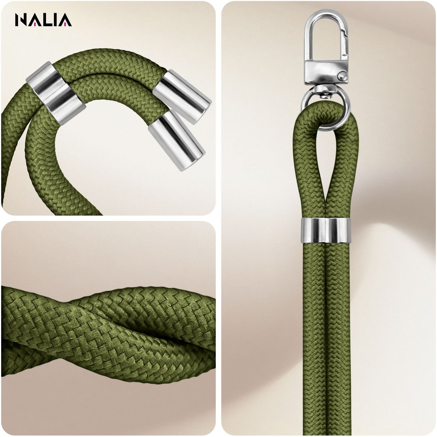 NALIA HoldMe Universell Handykette - Verstellbares Nylonseil Bis 80 cm Abnehmbares Band Mit Karabiner