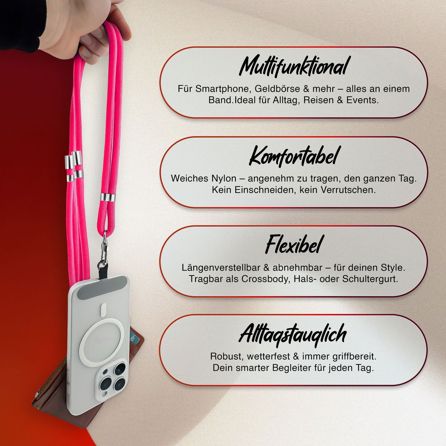 NALIA HoldMe Universell Handykette - Verstellbares Nylonseil Bis 80 cm Abnehmbares Band Mit Karabiner