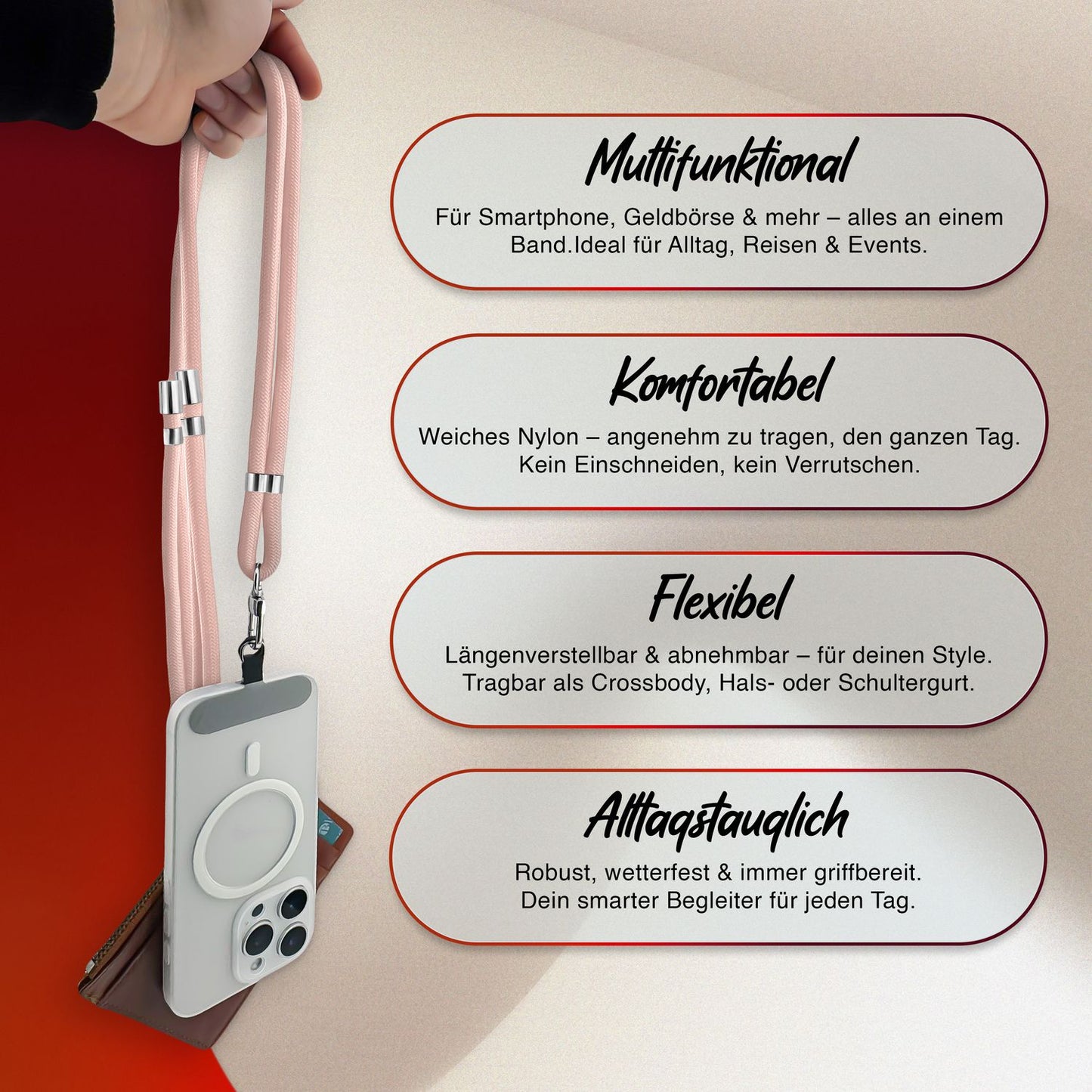 NALIA HoldMe Universell Handykette - Verstellbares Nylonseil Bis 80 cm Abnehmbares Band Mit Karabiner