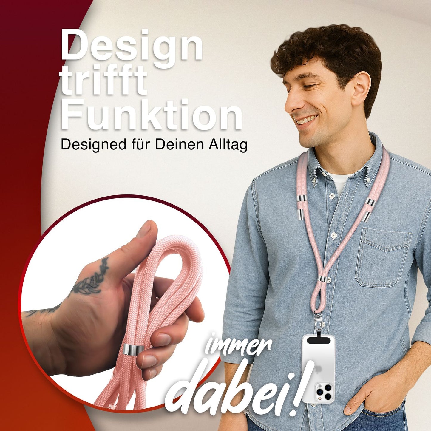 NALIA HoldMe Universell Handykette - Verstellbares Nylonseil Bis 80 cm Abnehmbares Band Mit Karabiner