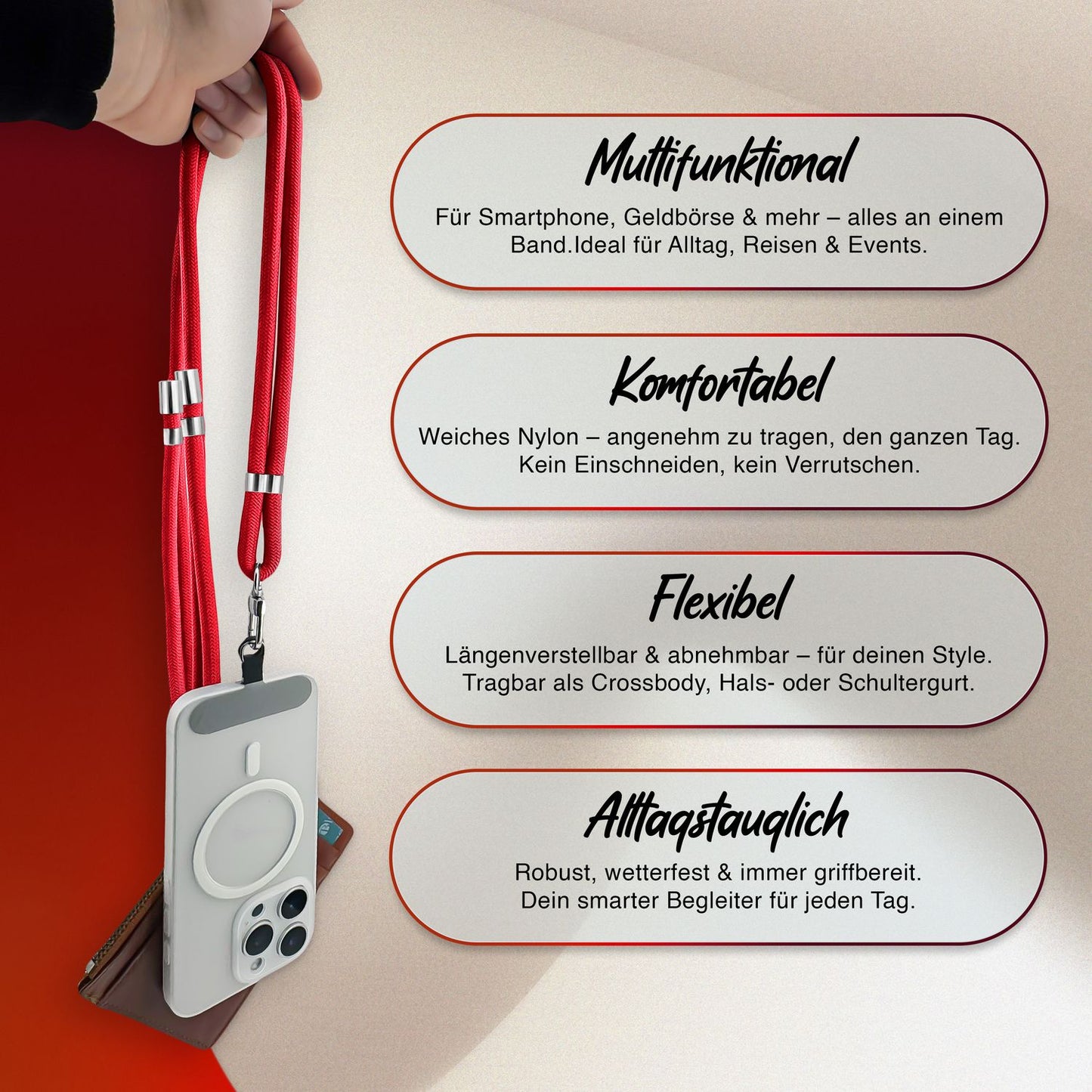 NALIA HoldMe Universell Handykette - Verstellbares Nylonseil Bis 80 cm Abnehmbares Band Mit Karabiner