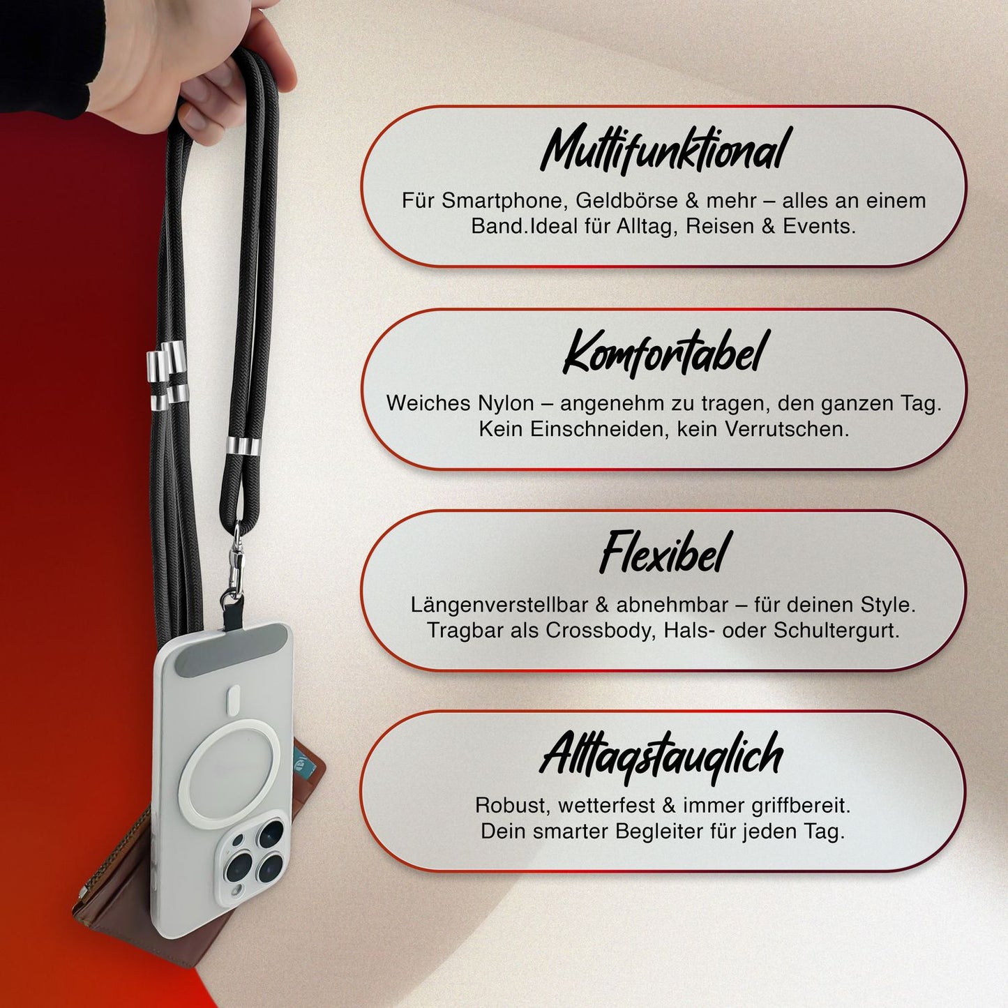 NALIA HoldMe Universell Handykette - Verstellbares Nylonseil Bis 80 cm Abnehmbares Band Mit Karabiner