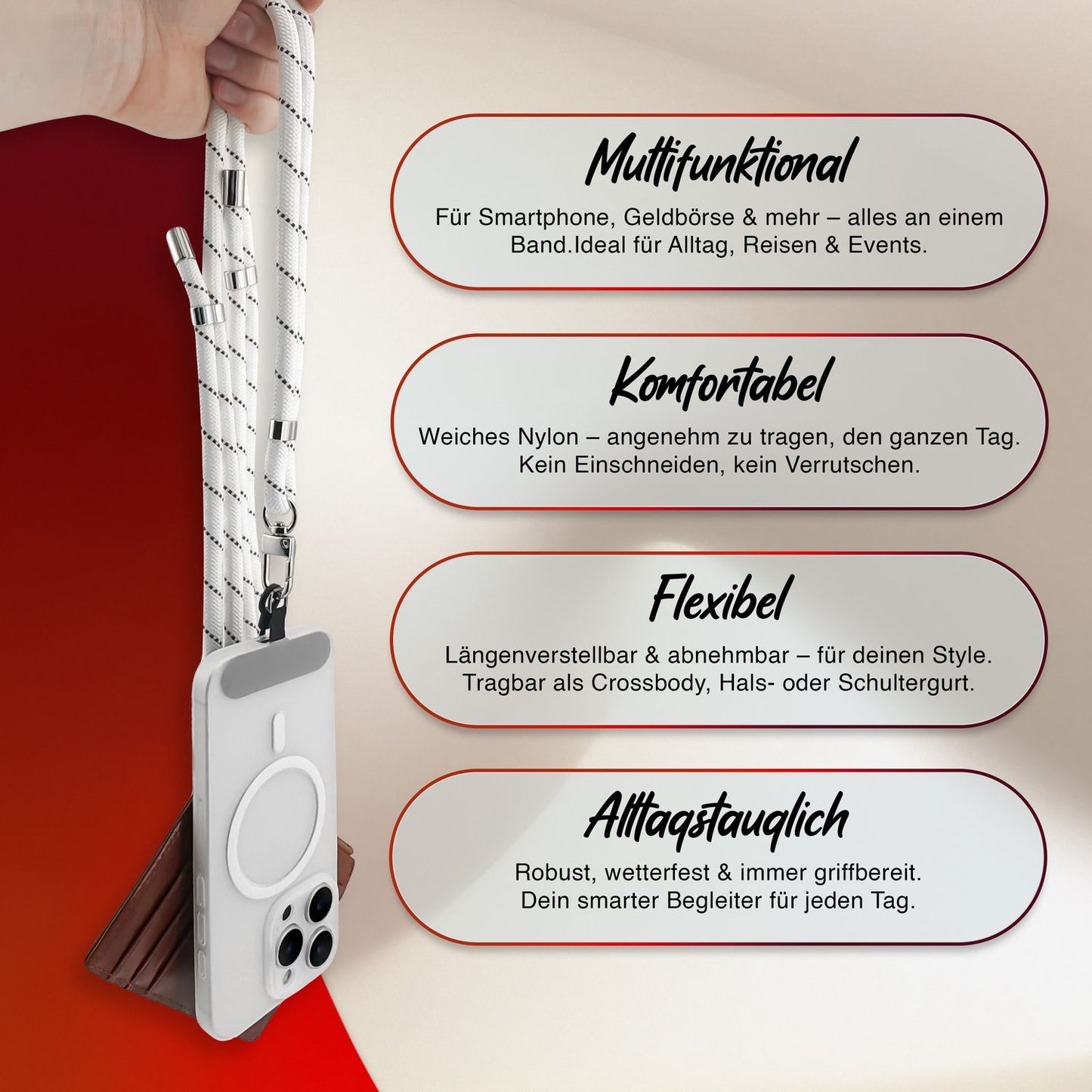 NALIA HoldMe Universell Handykette - Verstellbares Nylonseil Bis 80 cm Abnehmbares Band Mit Karabiner