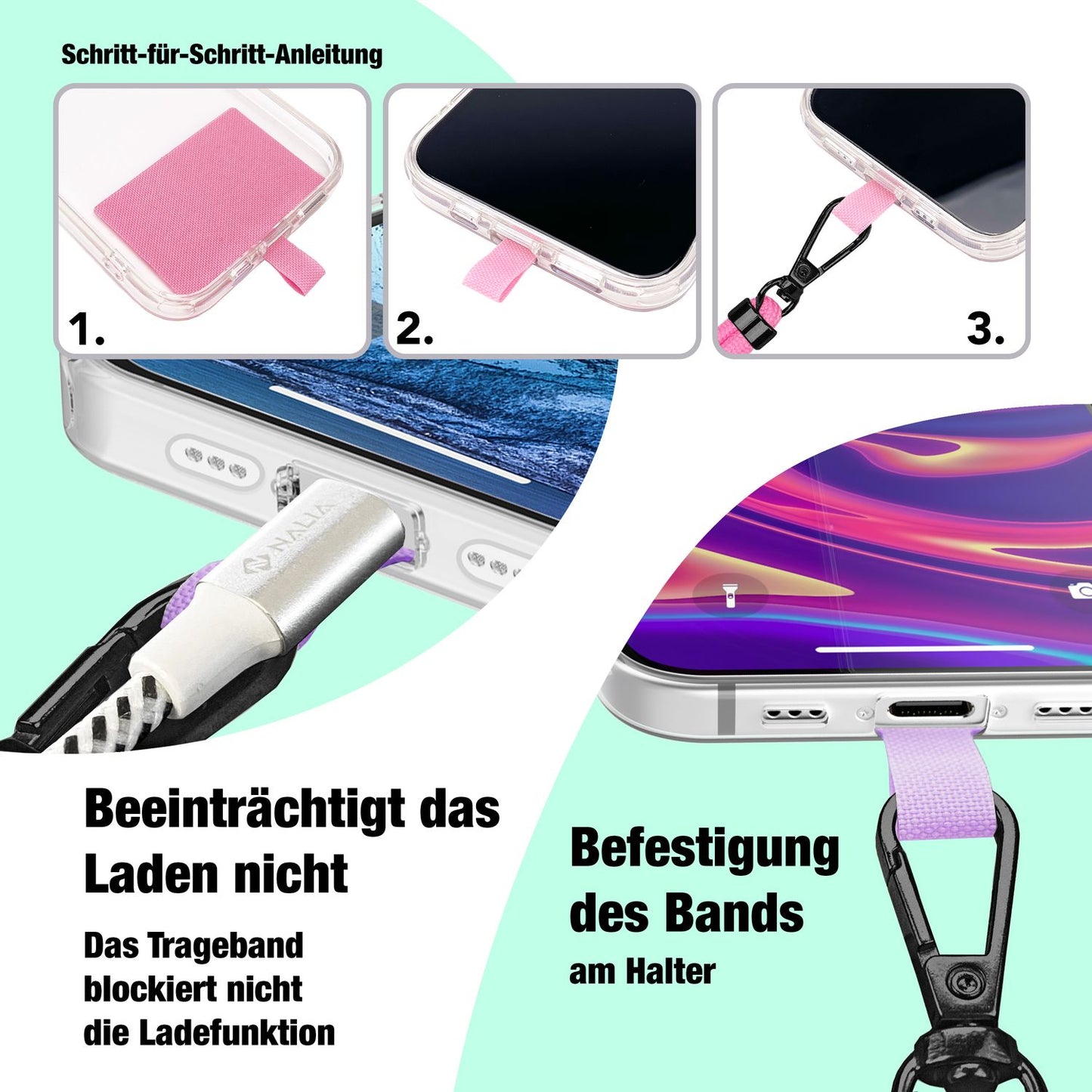 NALIA Universal-Kette mit Pad, Band für Handy-Hülle zum Umhängen, Karabinerhaken aus Metall (matt schwarz), Schlüsselband Umhängeband 160 CM, Crossbody Lanyard