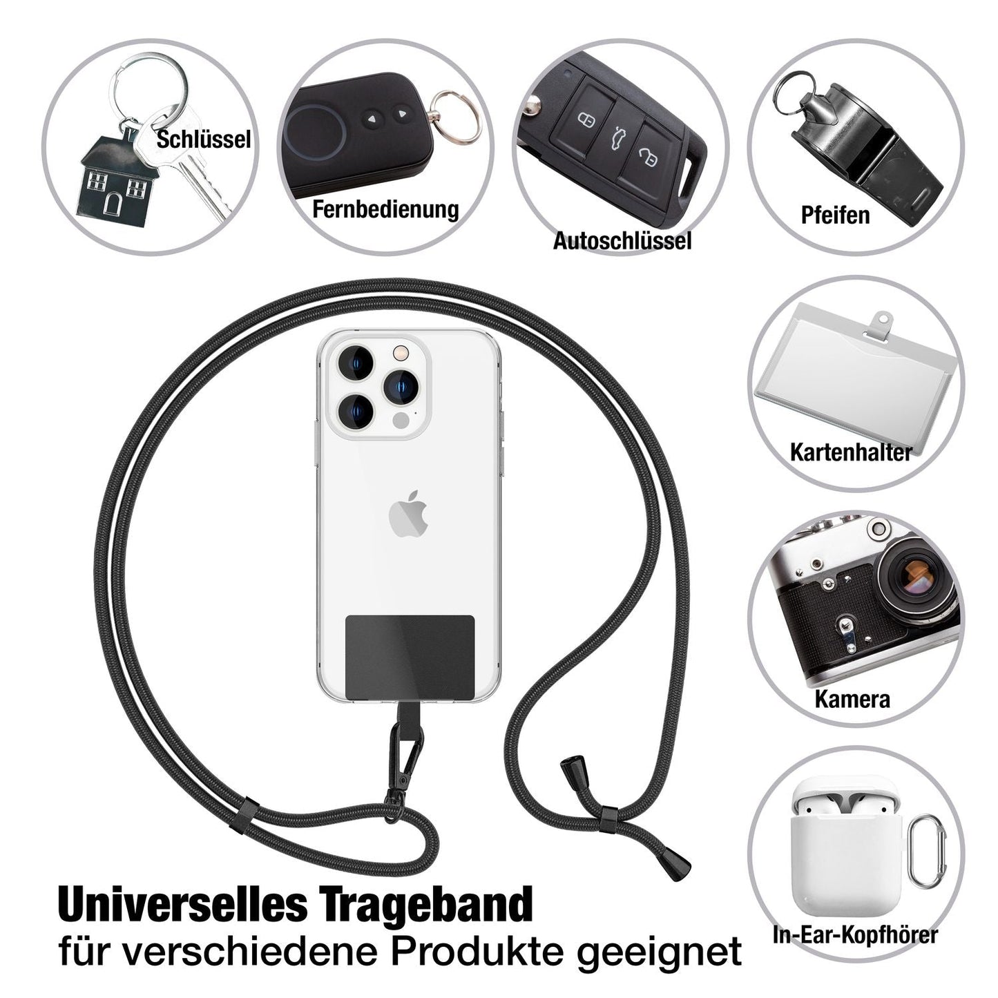 NALIA Universal-Kette mit Pad, Band für Handy-Hülle zum Umhängen, Karabinerhaken aus Metall (matt schwarz), Schlüsselband Umhängeband 160 CM, Crossbody Lanyard