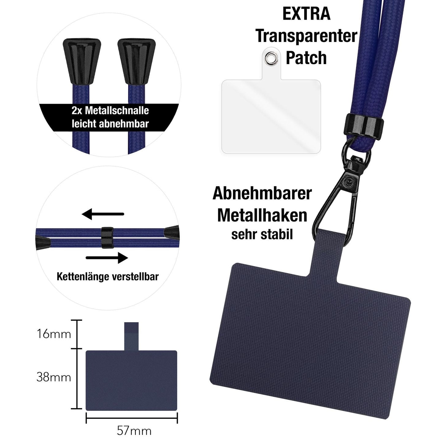 NALIA Universal-Kette mit Pad, Band für Handy-Hülle zum Umhängen, Karabinerhaken aus Metall (matt schwarz), Schlüsselband Umhängeband 160 CM, Crossbody Lanyard