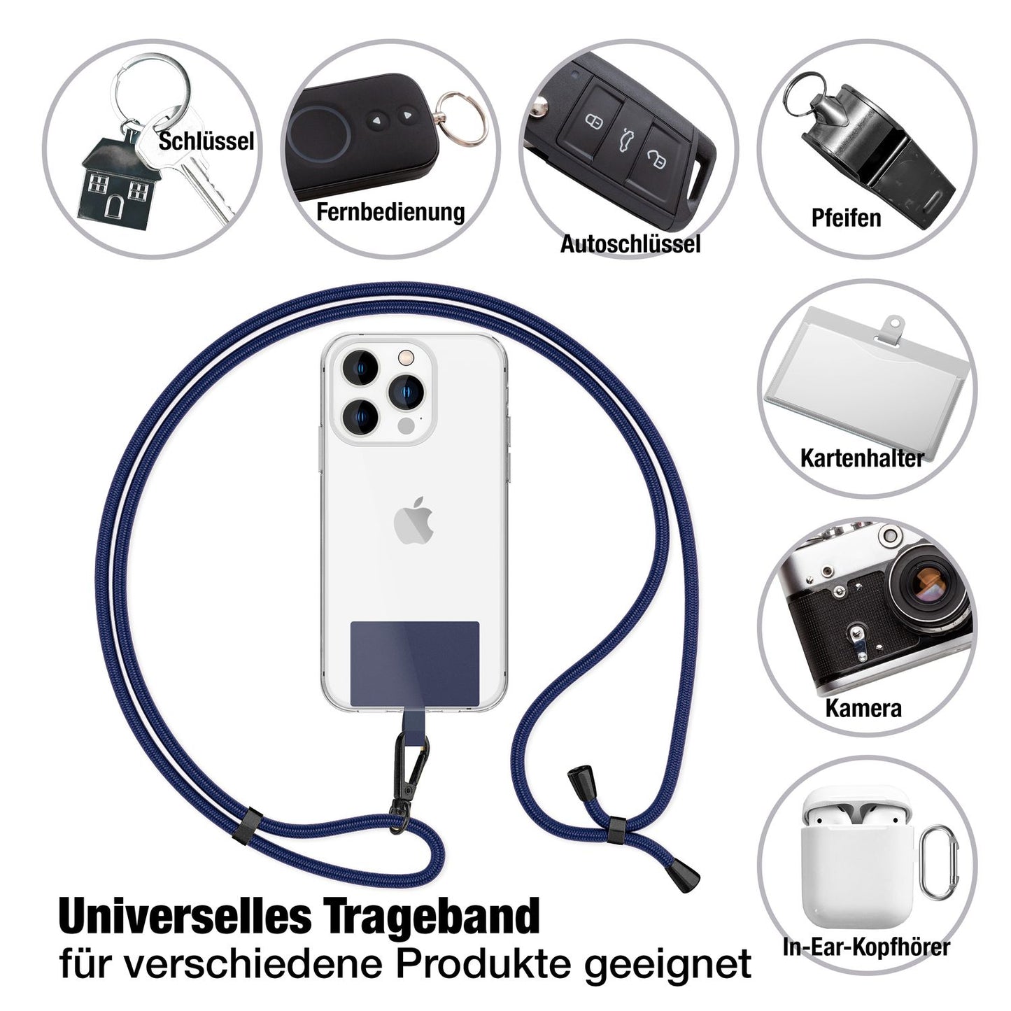 NALIA Universal-Kette mit Pad, Band für Handy-Hülle zum Umhängen, Karabinerhaken aus Metall (matt schwarz), Schlüsselband Umhängeband 160 CM, Crossbody Lanyard