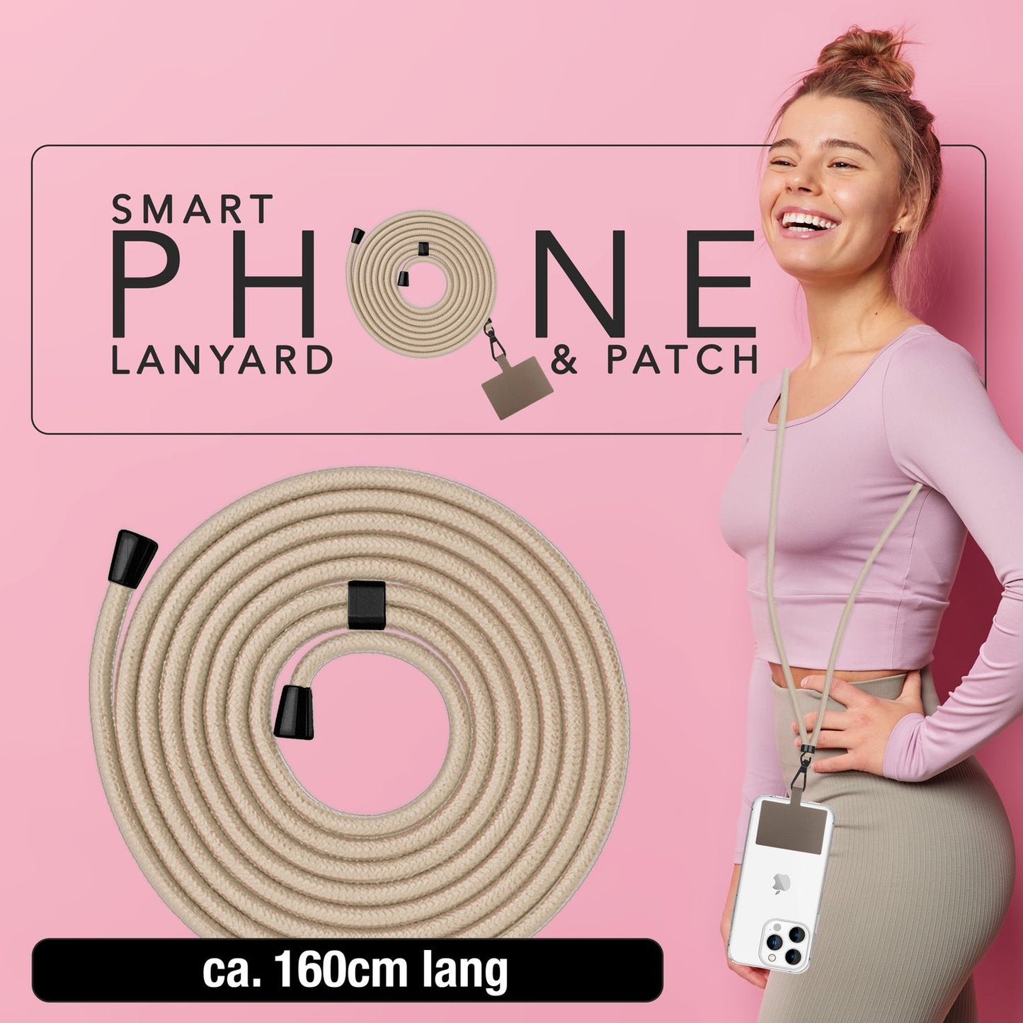 NALIA Universal-Kette mit Pad, Band für Handy-Hülle zum Umhängen, Karabinerhaken aus Metall (matt schwarz), Schlüsselband Umhängeband 160 CM, Crossbody Lanyard