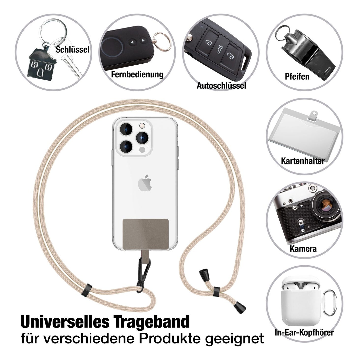 NALIA Universal-Kette mit Pad, Band für Handy-Hülle zum Umhängen, Karabinerhaken aus Metall (matt schwarz), Schlüsselband Umhängeband 160 CM, Crossbody Lanyard