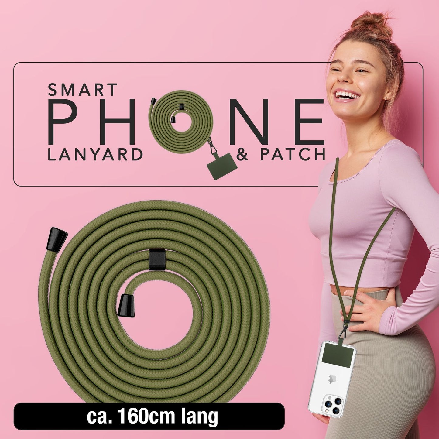 NALIA Universal-Kette mit Pad, Band für Handy-Hülle zum Umhängen, Karabinerhaken aus Metall (matt schwarz), Schlüsselband Umhängeband 160 CM, Crossbody Lanyard