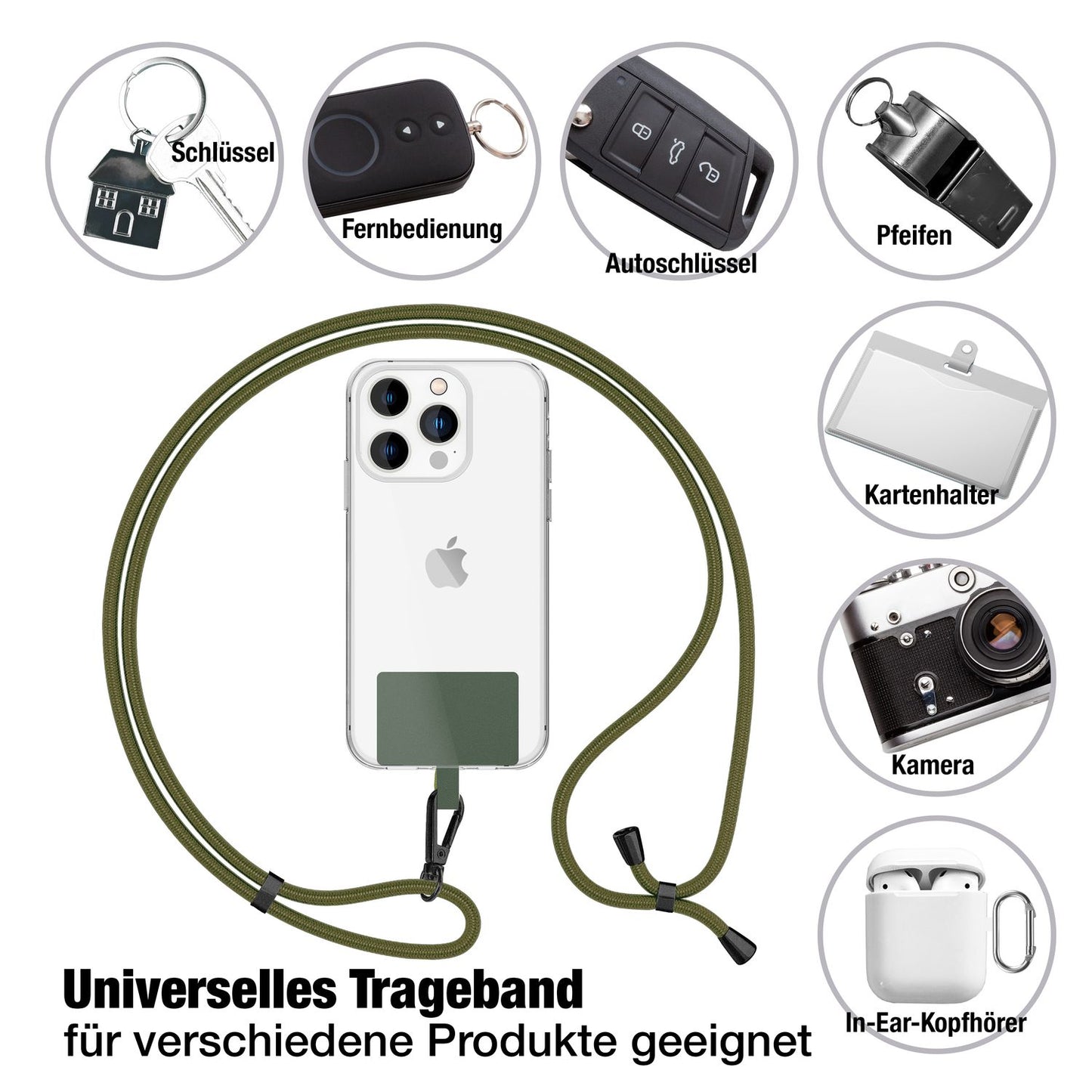 NALIA Universal-Kette mit Pad, Band für Handy-Hülle zum Umhängen, Karabinerhaken aus Metall (matt schwarz), Schlüsselband Umhängeband 160 CM, Crossbody Lanyard