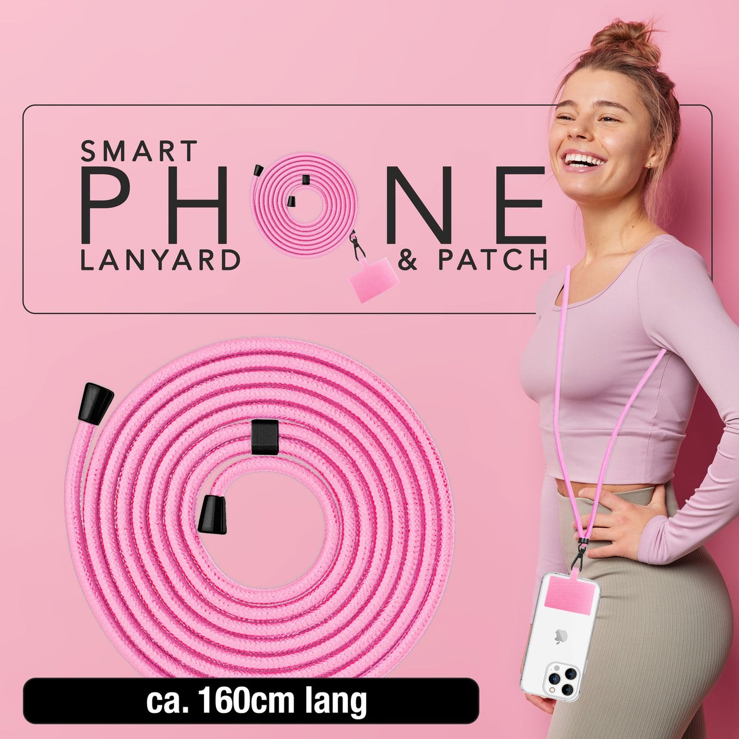 NALIA Universal-Kette mit Pad, Band für Handy-Hülle zum Umhängen, Karabinerhaken aus Metall (matt schwarz), Schlüsselband Umhängeband 160 CM, Crossbody Lanyard