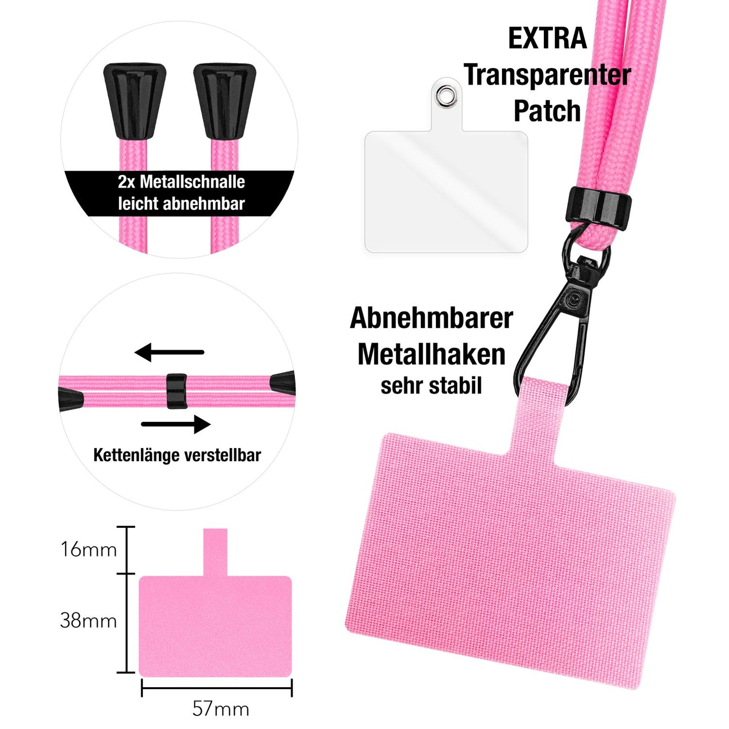 NALIA Universal-Kette mit Pad, Band für Handy-Hülle zum Umhängen, Karabinerhaken aus Metall (matt schwarz), Schlüsselband Umhängeband 160 CM, Crossbody Lanyard