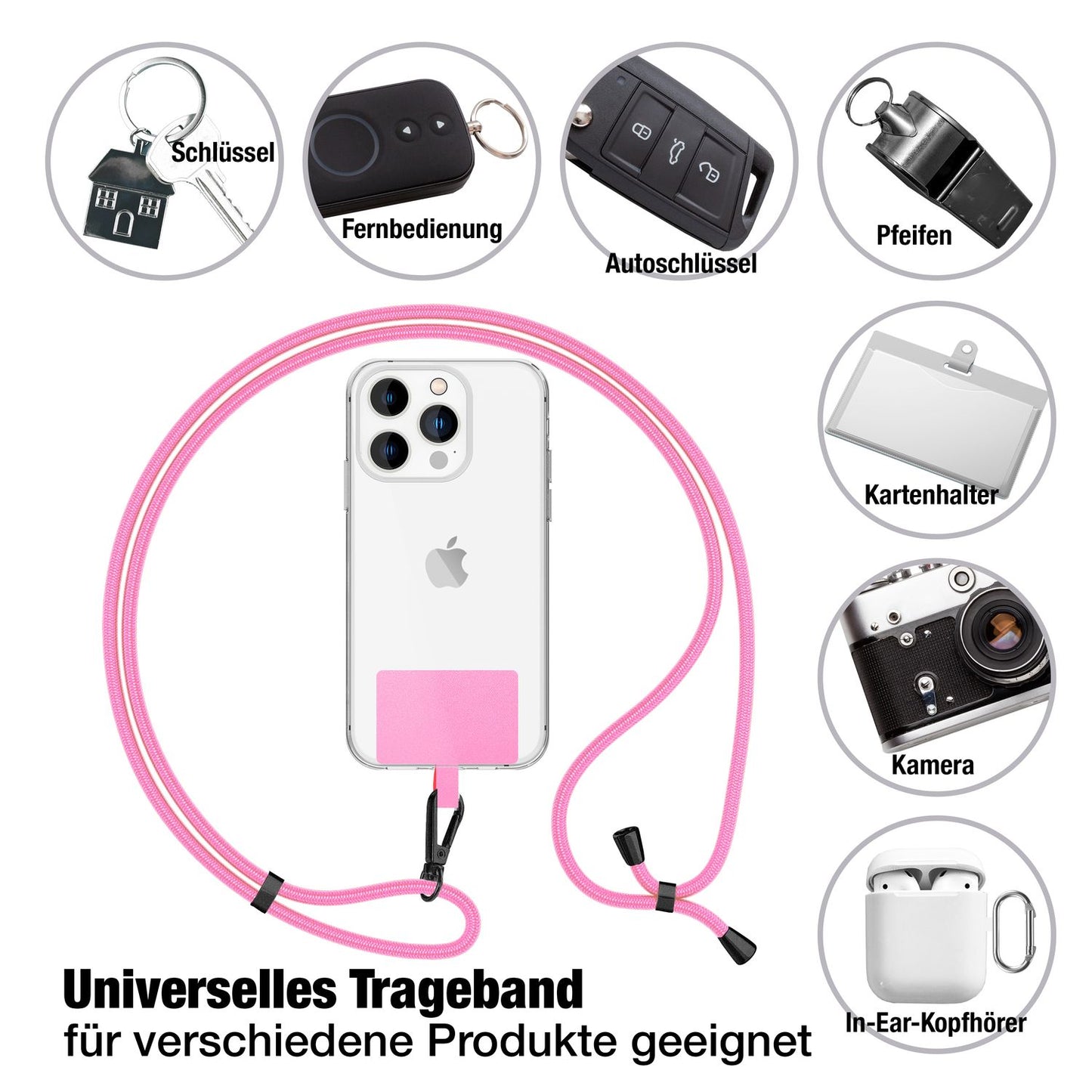 NALIA Universal-Kette mit Pad, Band für Handy-Hülle zum Umhängen, Karabinerhaken aus Metall (matt schwarz), Schlüsselband Umhängeband 160 CM, Crossbody Lanyard