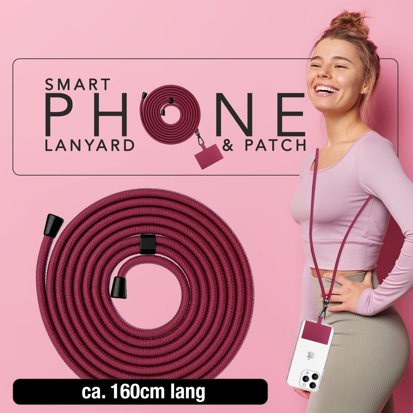 NALIA Universal-Kette mit Pad, Band für Handy-Hülle zum Umhängen, Karabinerhaken aus Metall (matt schwarz), Schlüsselband Umhängeband 160 CM, Crossbody Lanyard