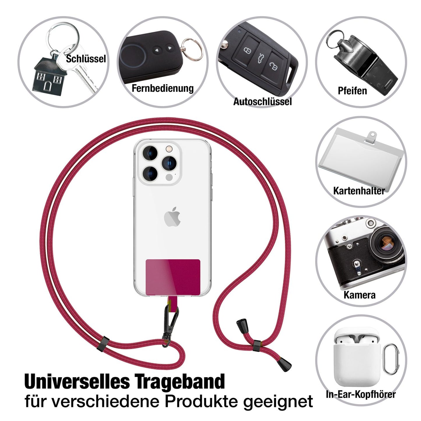 NALIA Universal-Kette mit Pad, Band für Handy-Hülle zum Umhängen, Karabinerhaken aus Metall (matt schwarz), Schlüsselband Umhängeband 160 CM, Crossbody Lanyard