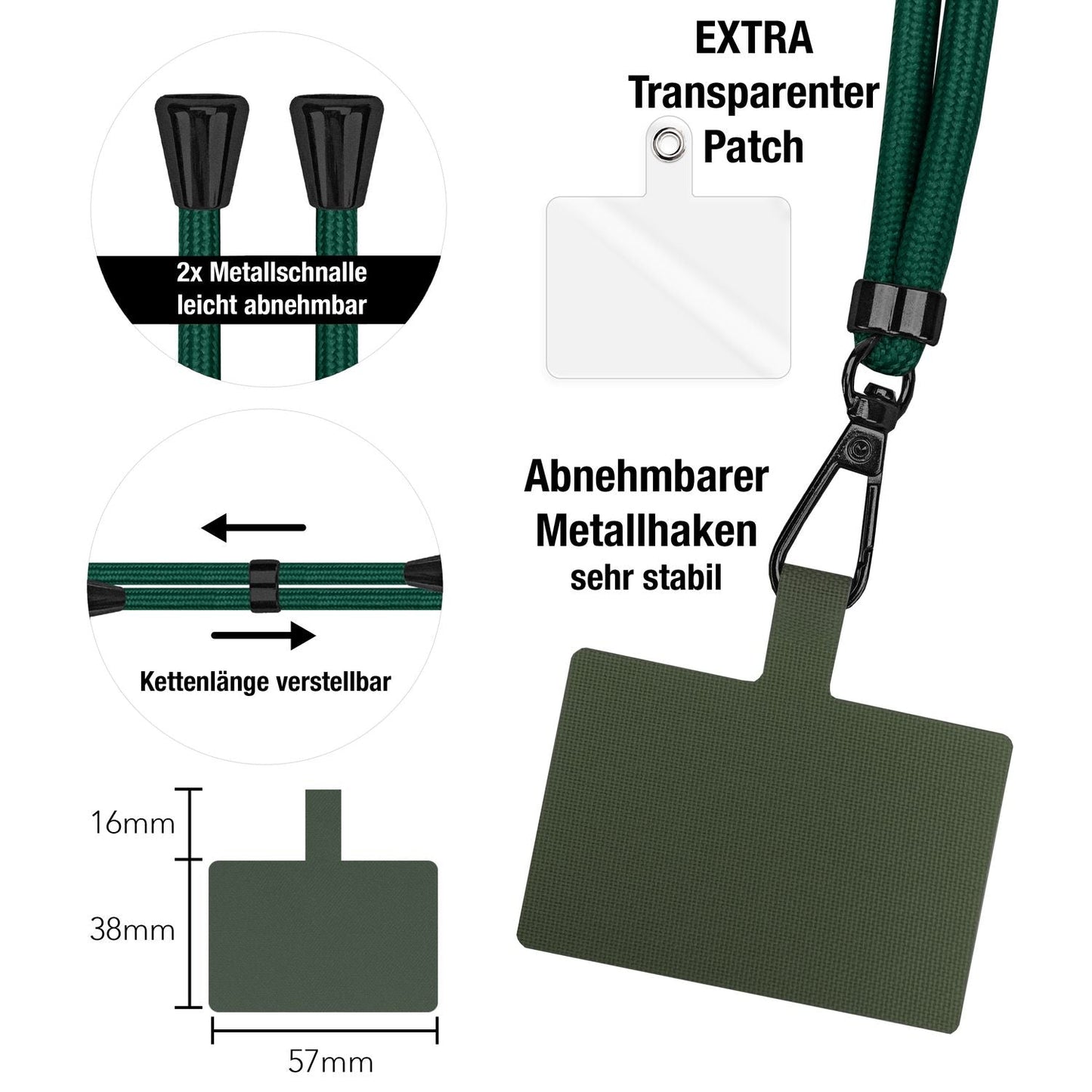 NALIA Universal-Kette mit Pad, Band für Handy-Hülle zum Umhängen, Karabinerhaken aus Metall (matt schwarz), Schlüsselband Umhängeband 160 CM, Crossbody Lanyard