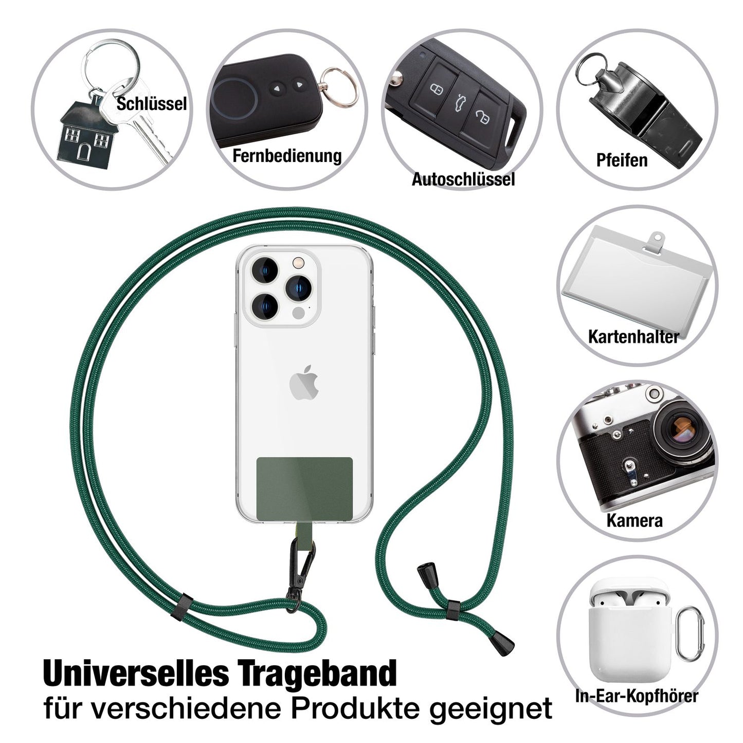 NALIA Universal-Kette mit Pad, Band für Handy-Hülle zum Umhängen, Karabinerhaken aus Metall (matt schwarz), Schlüsselband Umhängeband 160 CM, Crossbody Lanyard