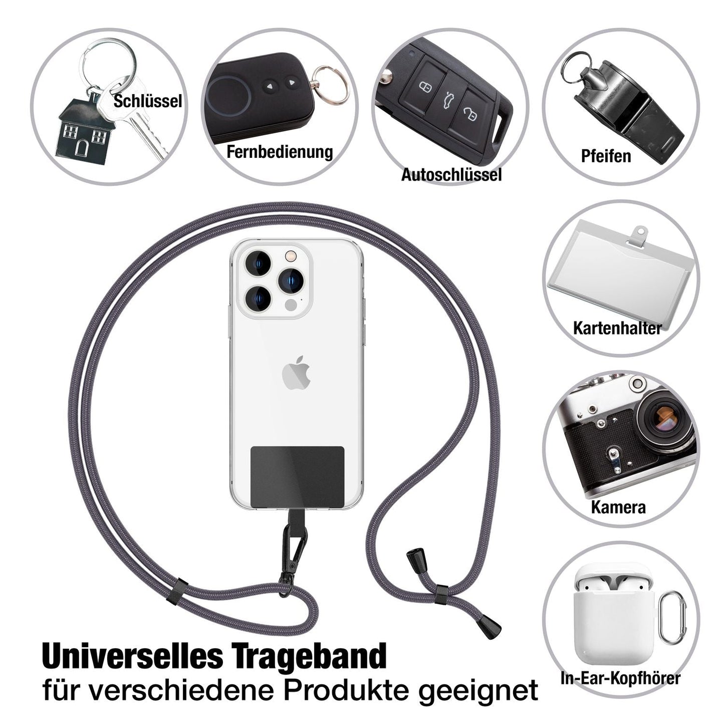 NALIA Universal-Kette mit Pad, Band für Handy-Hülle zum Umhängen, Karabinerhaken aus Metall (matt schwarz), Schlüsselband Umhängeband 160 CM, Crossbody Lanyard