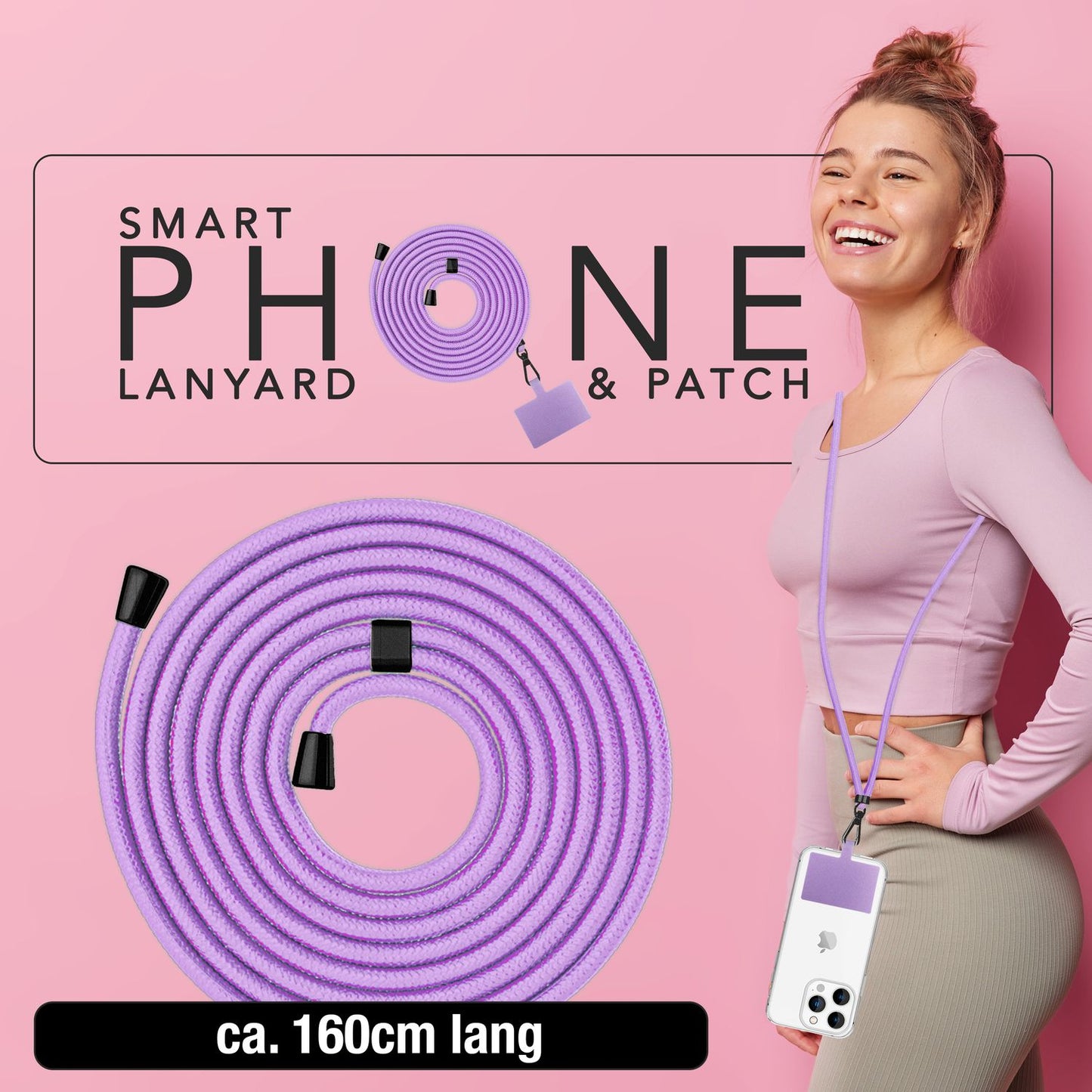 NALIA Universal-Kette mit Pad, Band für Handy-Hülle zum Umhängen, Karabinerhaken aus Metall (matt schwarz), Schlüsselband Umhängeband 160 CM, Crossbody Lanyard