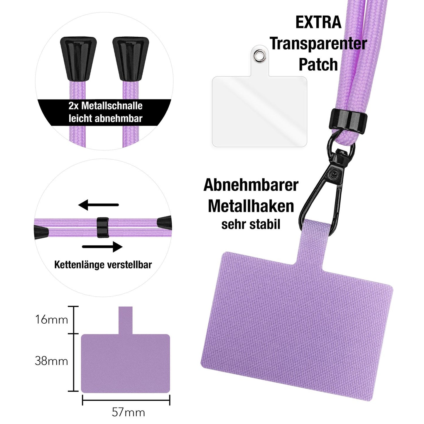 NALIA Universal-Kette mit Pad, Band für Handy-Hülle zum Umhängen, Karabinerhaken aus Metall (matt schwarz), Schlüsselband Umhängeband 160 CM, Crossbody Lanyard