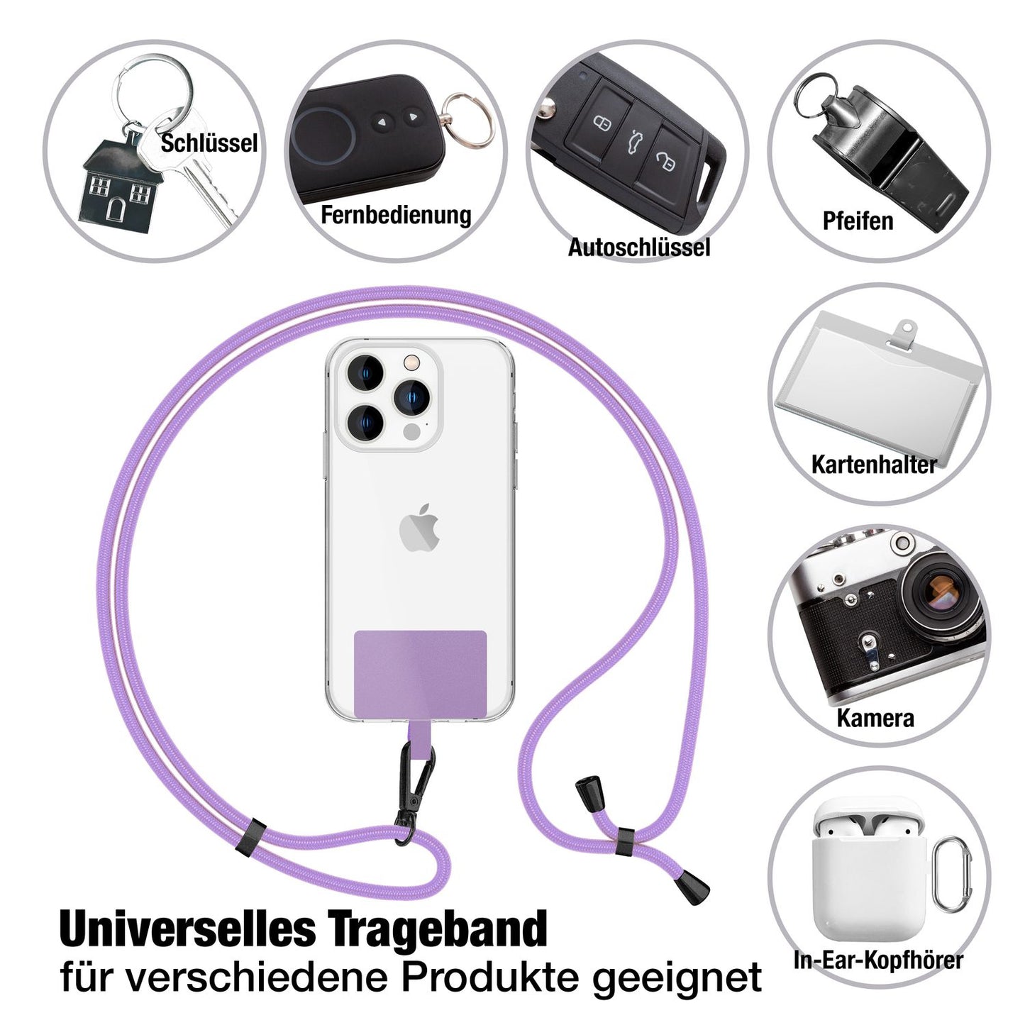 NALIA Universal-Kette mit Pad, Band für Handy-Hülle zum Umhängen, Karabinerhaken aus Metall (matt schwarz), Schlüsselband Umhängeband 160 CM, Crossbody Lanyard