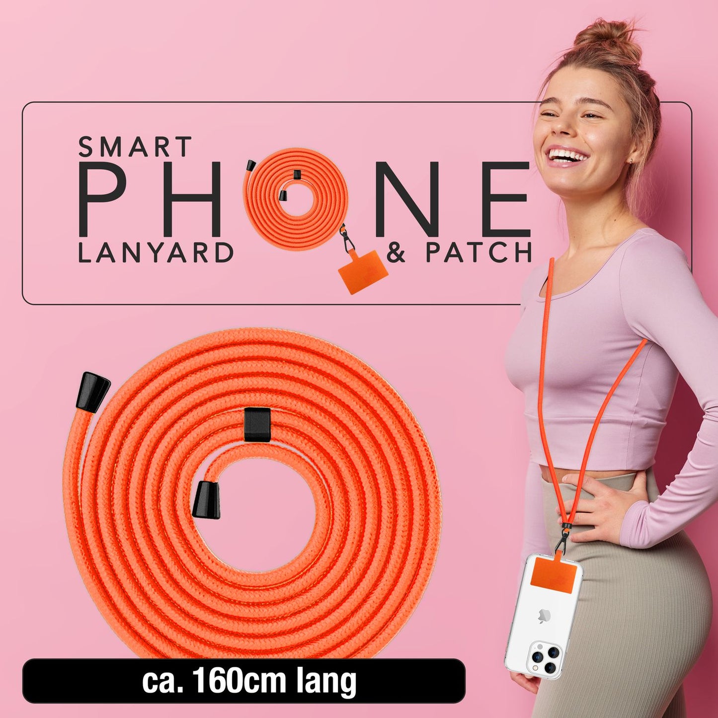 NALIA Universal-Kette mit Pad, Band für Handy-Hülle zum Umhängen, Karabinerhaken aus Metall (matt schwarz), Schlüsselband Umhängeband 160 CM, Crossbody Lanyard