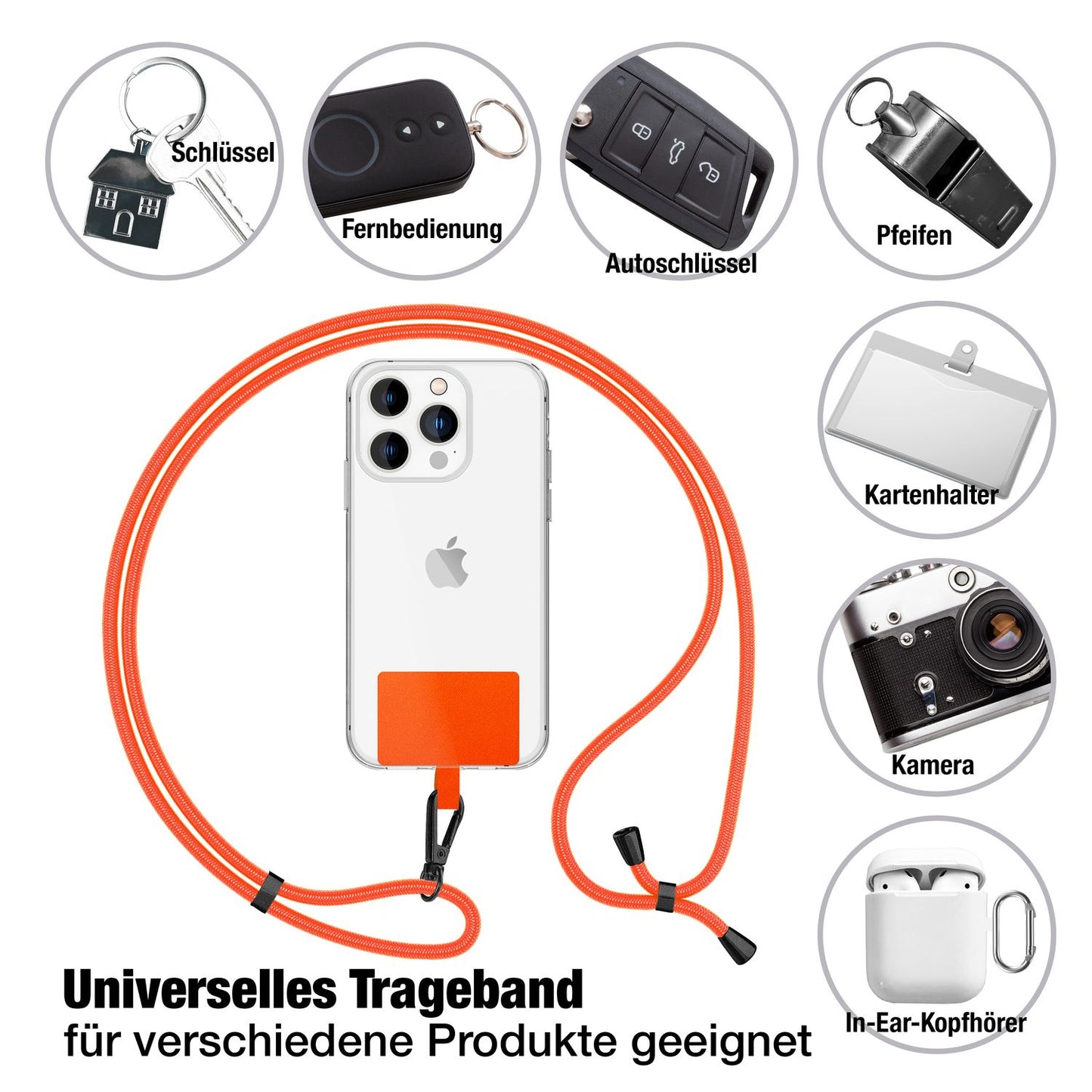 NALIA Universal-Kette mit Pad, Band für Handy-Hülle zum Umhängen, Karabinerhaken aus Metall (matt schwarz), Schlüsselband Umhängeband 160 CM, Crossbody Lanyard