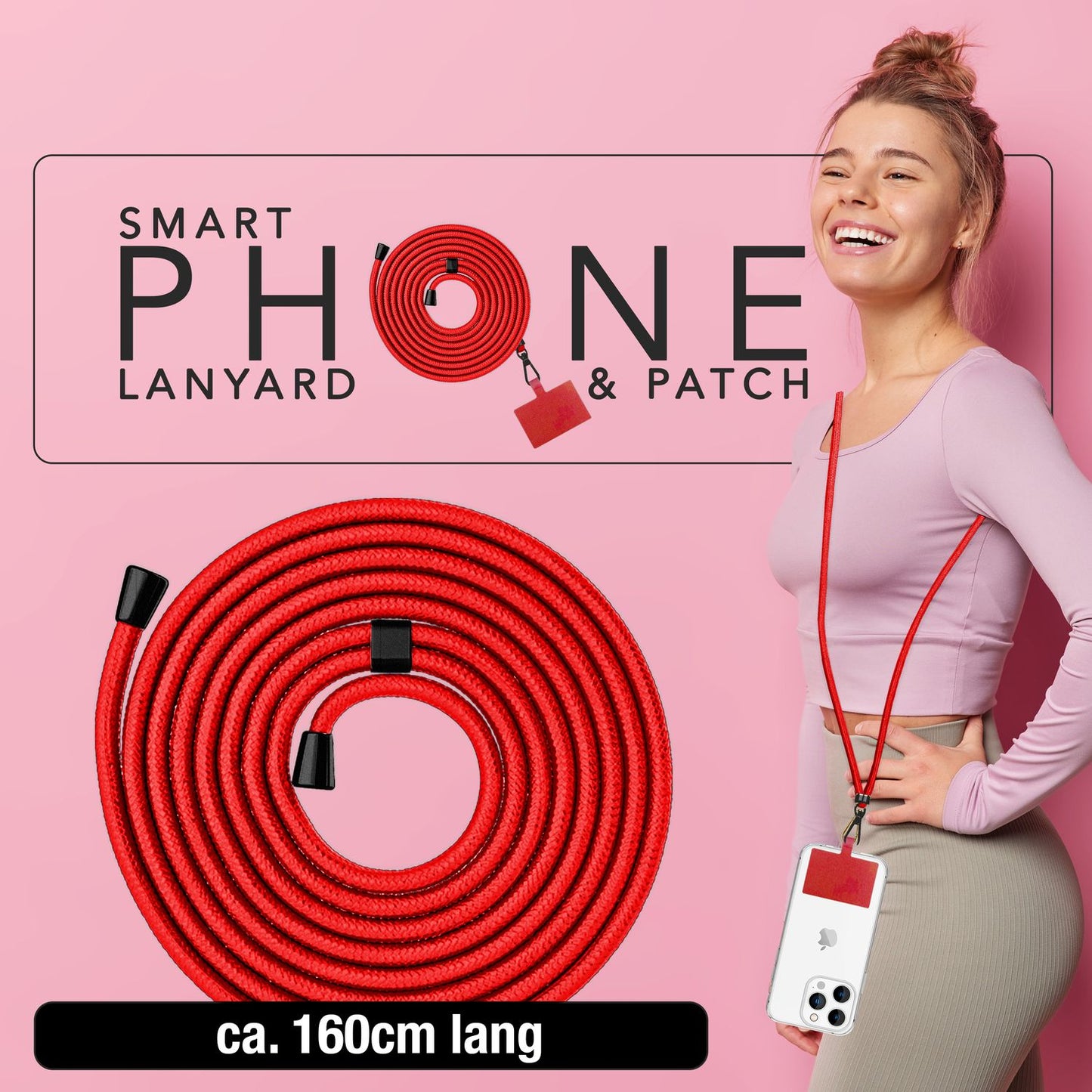 NALIA Universal-Kette mit Pad, Band für Handy-Hülle zum Umhängen, Karabinerhaken aus Metall (matt schwarz), Schlüsselband Umhängeband 160 CM, Crossbody Lanyard