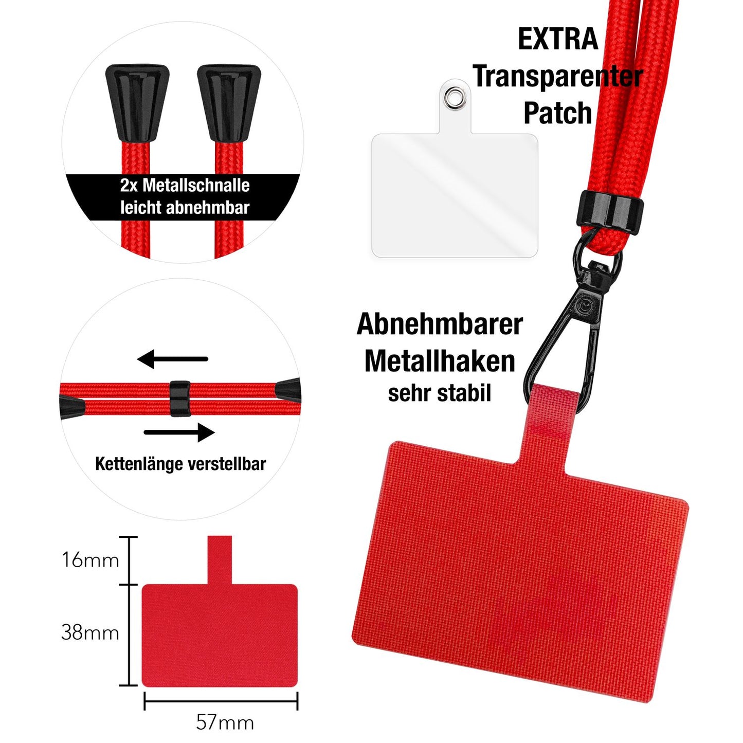 NALIA Universal-Kette mit Pad, Band für Handy-Hülle zum Umhängen, Karabinerhaken aus Metall (matt schwarz), Schlüsselband Umhängeband 160 CM, Crossbody Lanyard