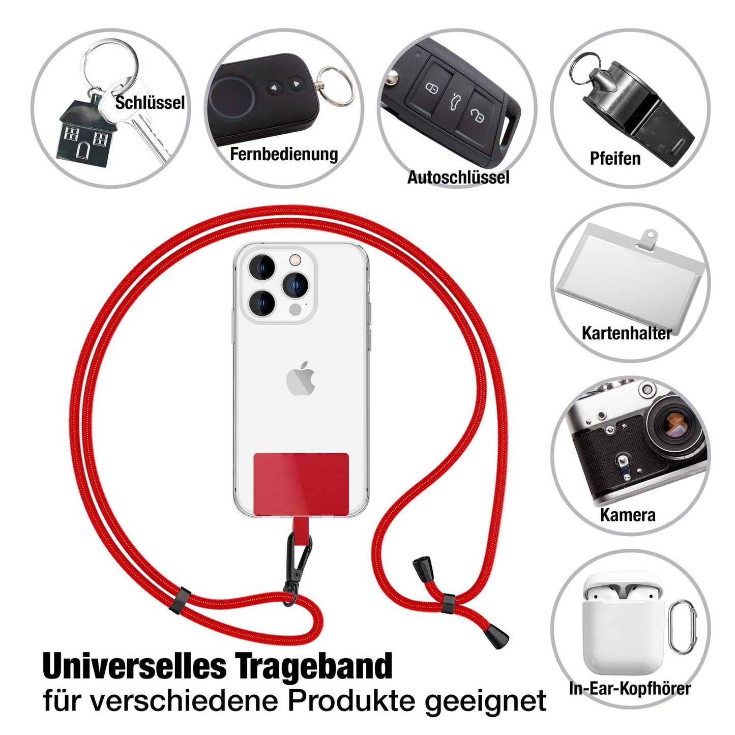 NALIA Universal-Kette mit Pad, Band für Handy-Hülle zum Umhängen, Karabinerhaken aus Metall (matt schwarz), Schlüsselband Umhängeband 160 CM, Crossbody Lanyard