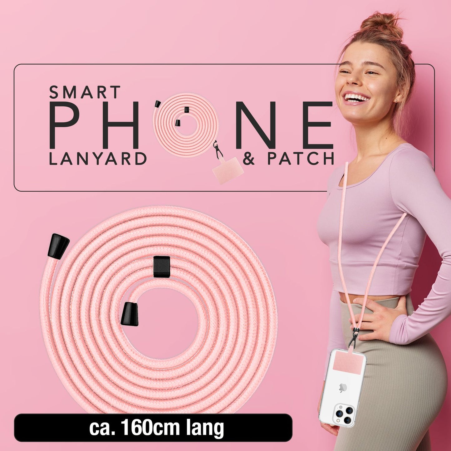 NALIA Universal-Kette mit Pad, Band für Handy-Hülle zum Umhängen, Karabinerhaken aus Metall (matt schwarz), Schlüsselband Umhängeband 160 CM, Crossbody Lanyard