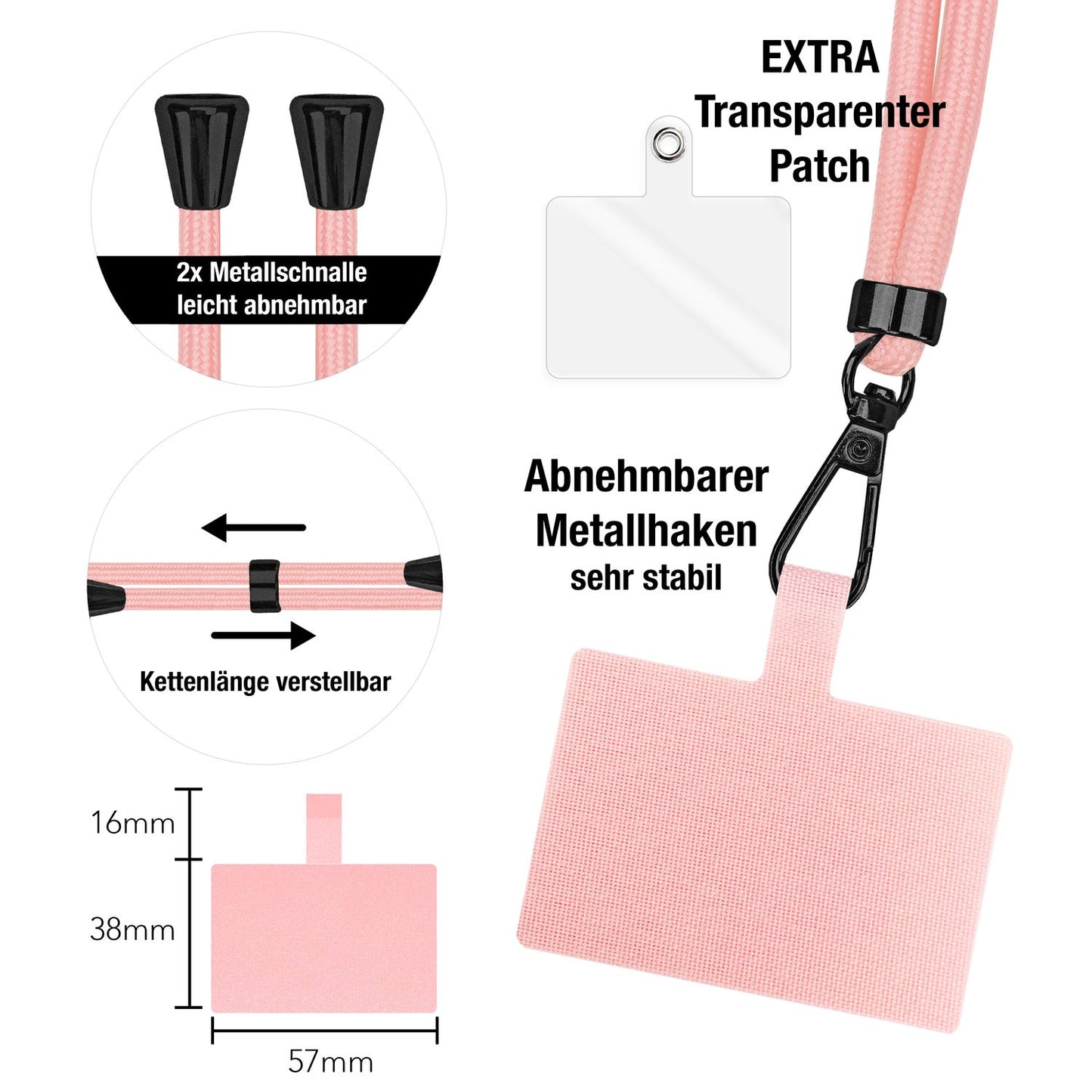 NALIA Universal-Kette mit Pad, Band für Handy-Hülle zum Umhängen, Karabinerhaken aus Metall (matt schwarz), Schlüsselband Umhängeband 160 CM, Crossbody Lanyard
