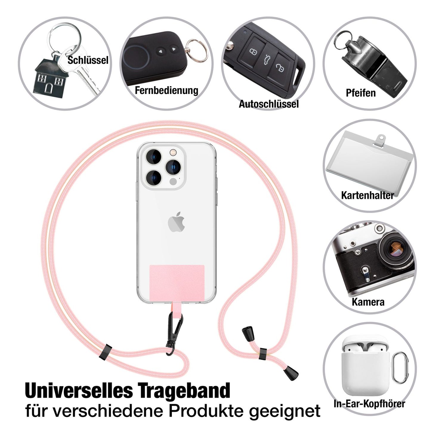 NALIA Universal-Kette mit Pad, Band für Handy-Hülle zum Umhängen, Karabinerhaken aus Metall (matt schwarz), Schlüsselband Umhängeband 160 CM, Crossbody Lanyard