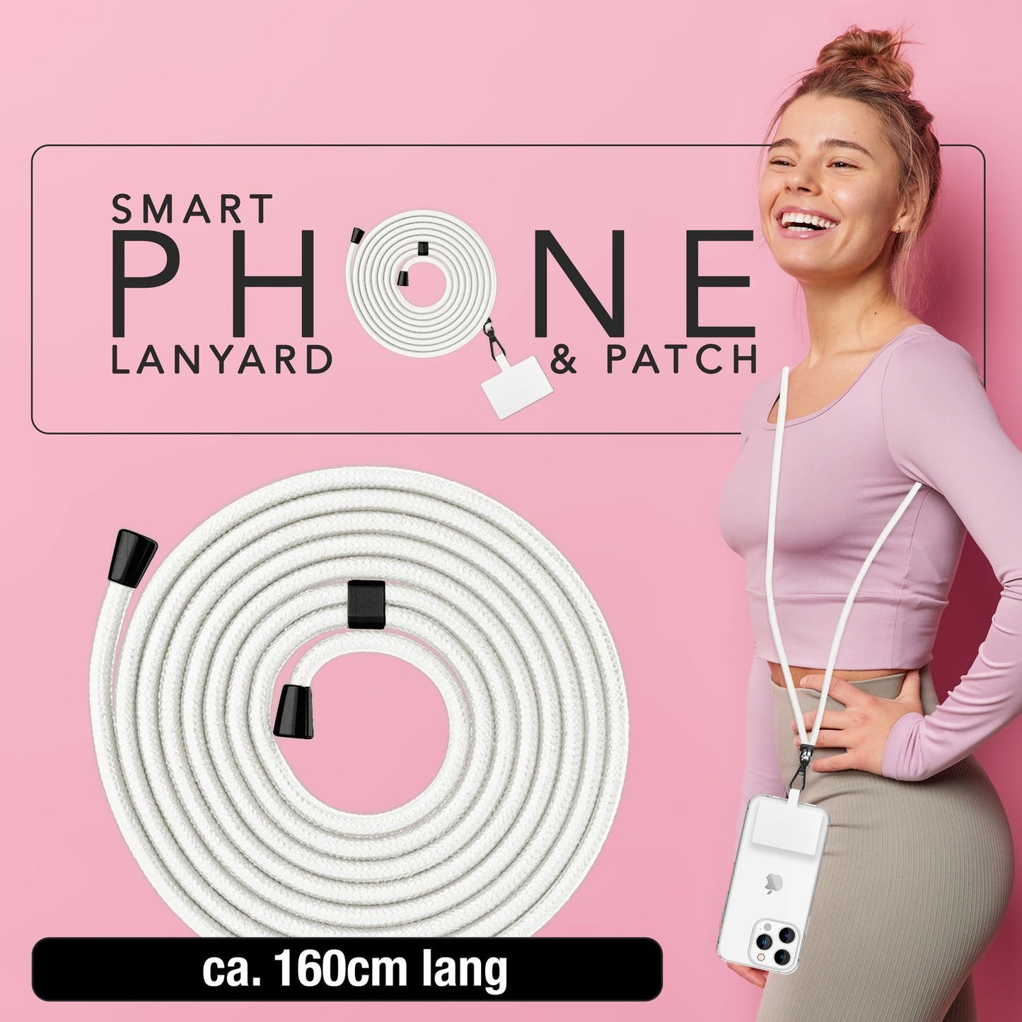 NALIA Universal-Kette mit Pad, Band für Handy-Hülle zum Umhängen, Karabinerhaken aus Metall (matt schwarz), Schlüsselband Umhängeband 160 CM, Crossbody Lanyard