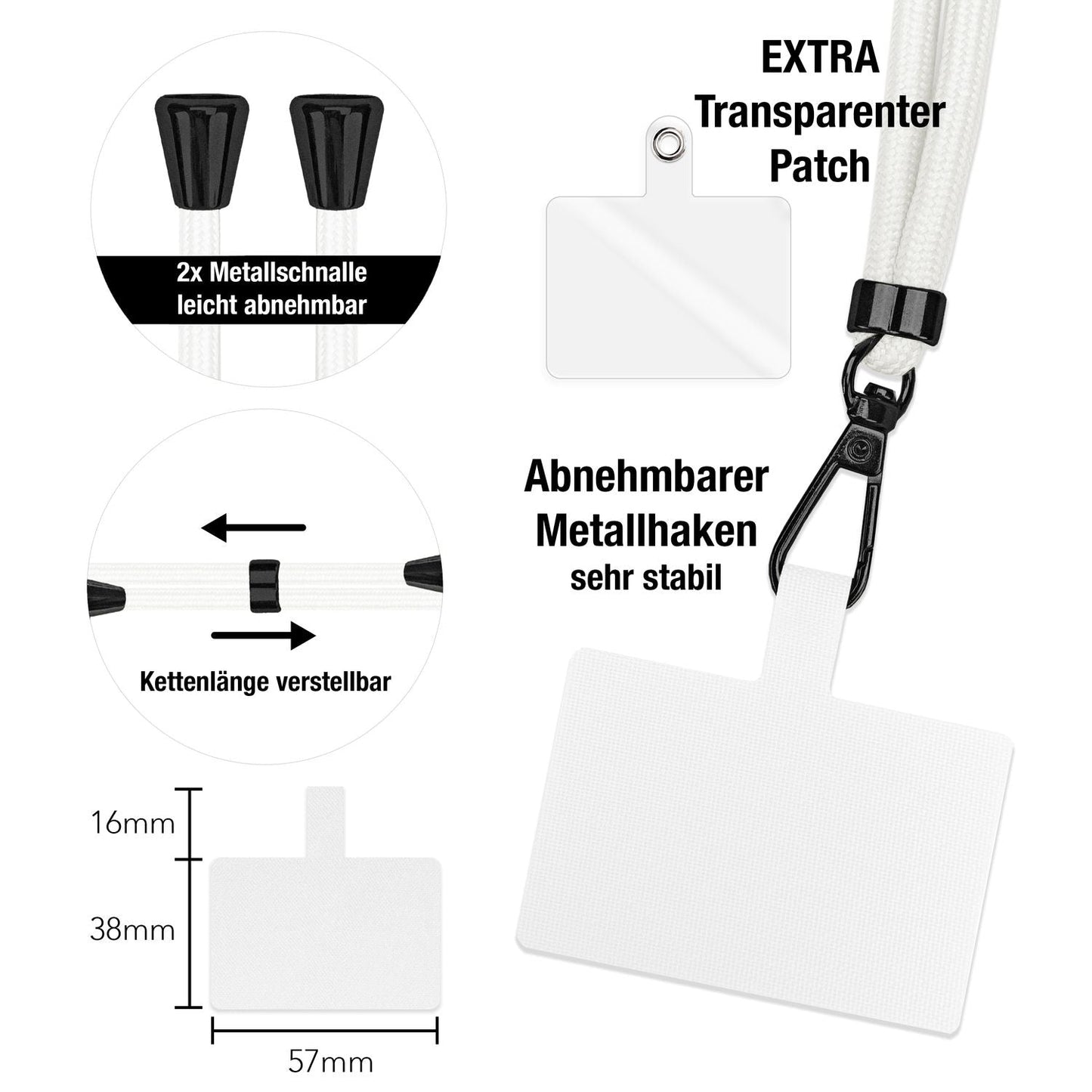 NALIA Universal-Kette mit Pad, Band für Handy-Hülle zum Umhängen, Karabinerhaken aus Metall (matt schwarz), Schlüsselband Umhängeband 160 CM, Crossbody Lanyard