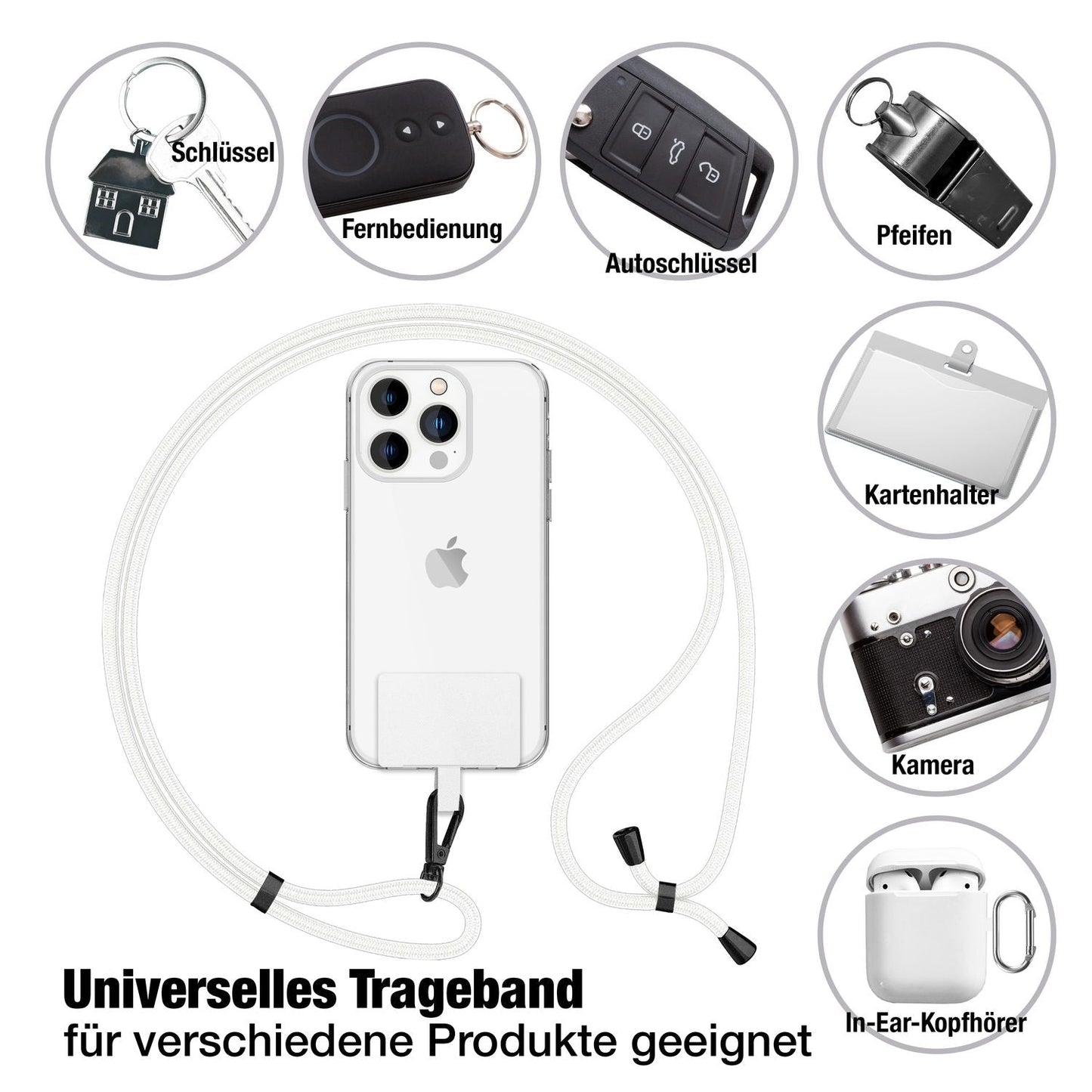 NALIA Universal-Kette mit Pad, Band für Handy-Hülle zum Umhängen, Karabinerhaken aus Metall (matt schwarz), Schlüsselband Umhängeband 160 CM, Crossbody Lanyard