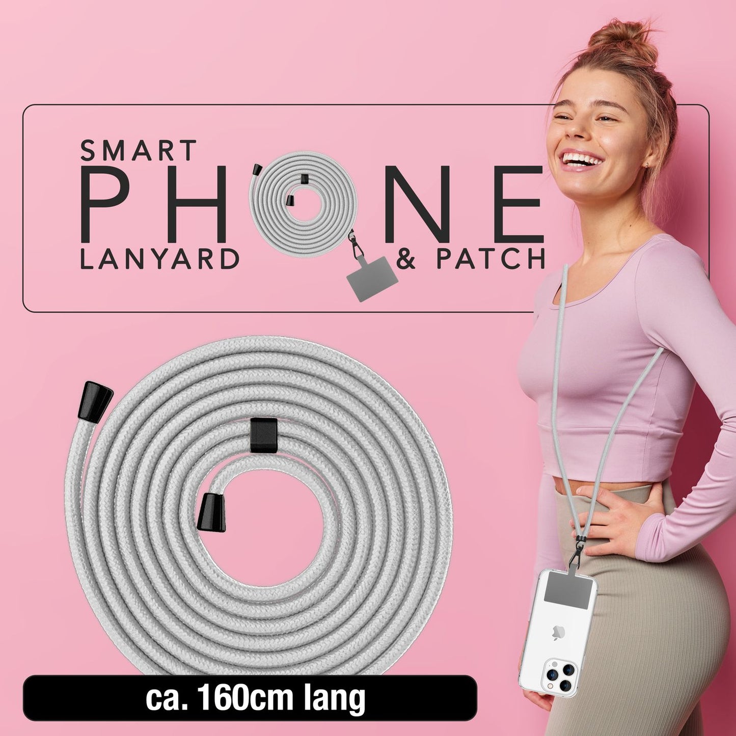 NALIA Universal-Kette mit Pad, Band für Handy-Hülle zum Umhängen, Karabinerhaken aus Metall (matt schwarz), Schlüsselband Umhängeband 160 CM, Crossbody Lanyard