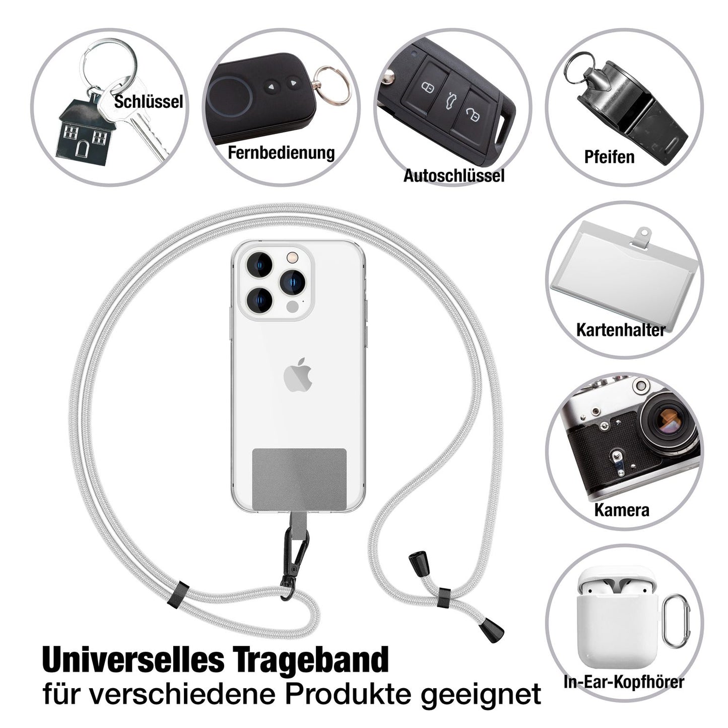 NALIA Universal-Kette mit Pad, Band für Handy-Hülle zum Umhängen, Karabinerhaken aus Metall (matt schwarz), Schlüsselband Umhängeband 160 CM, Crossbody Lanyard