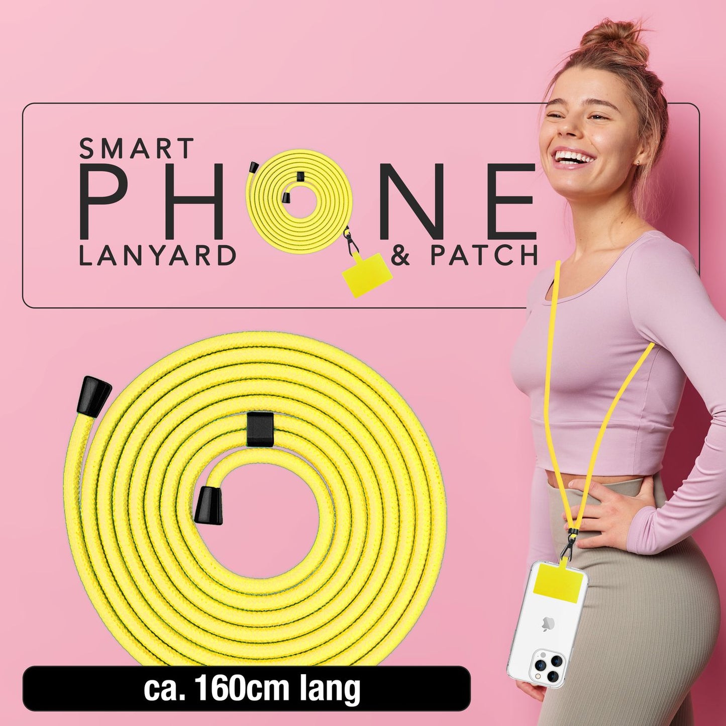 NALIA Universal-Kette mit Pad, Band für Handy-Hülle zum Umhängen, Karabinerhaken aus Metall (matt schwarz), Schlüsselband Umhängeband 160 CM, Crossbody Lanyard