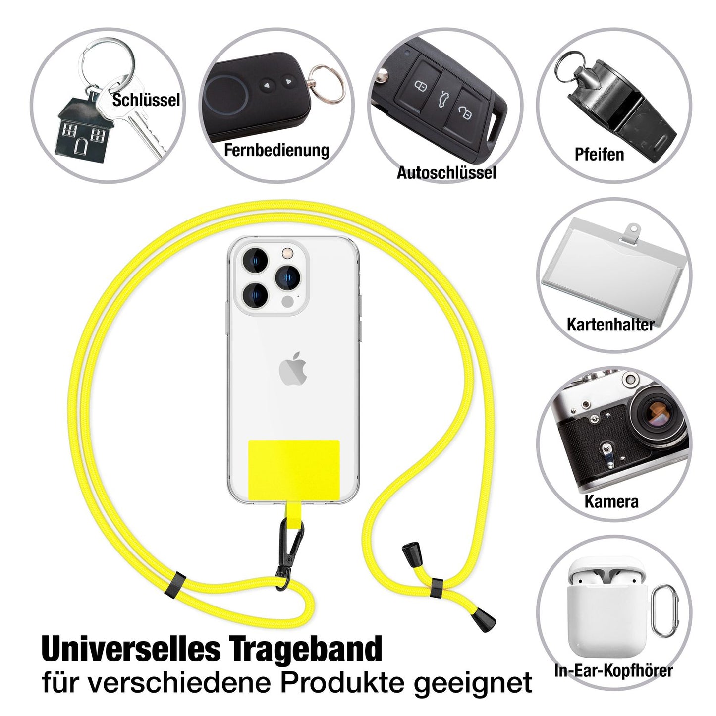 NALIA Universal-Kette mit Pad, Band für Handy-Hülle zum Umhängen, Karabinerhaken aus Metall (matt schwarz), Schlüsselband Umhängeband 160 CM, Crossbody Lanyard